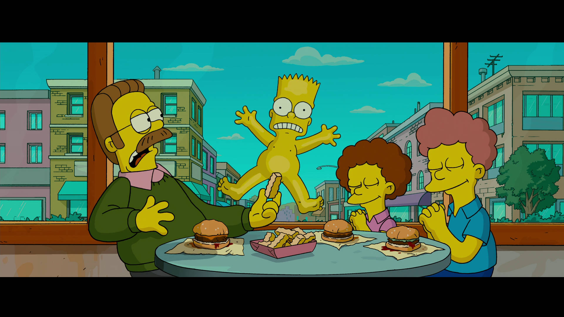 Simpsons Aesthetic 桌布 壁紙 — 辛普森一家坐在餐廳桌旁吃漢堡，巴特開心地拿著熱狗在空中跳躍。