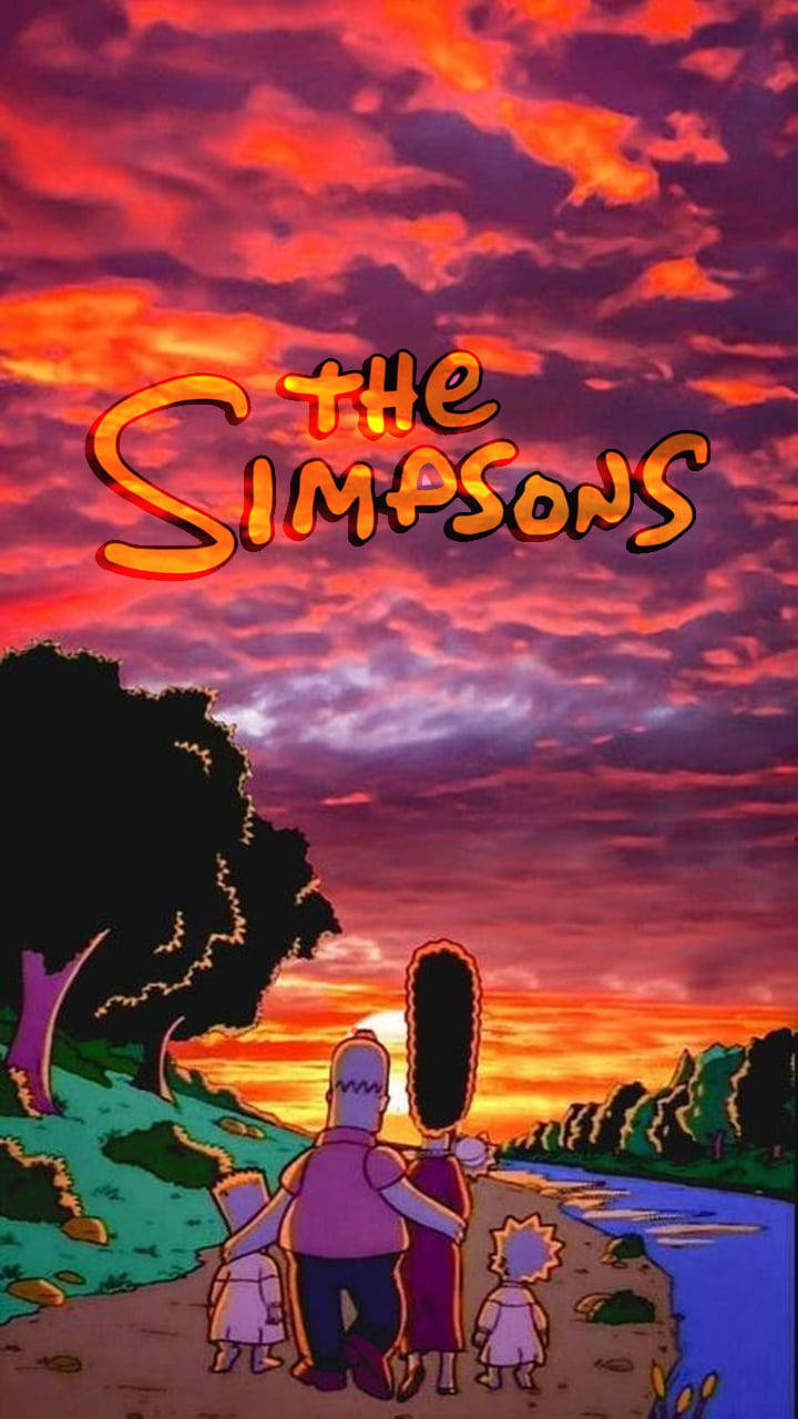 Sad Simpsons 桌布 壁紙 — 辛普森一家手牽手沿河岸行走，在熾熱的日落天空下，節目名稱在上方發光。
