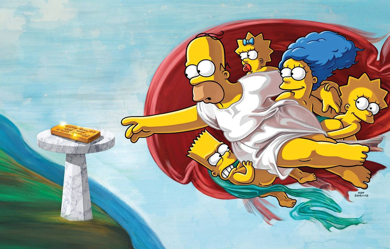 Homer Simpson 桌布 壁紙 — 辛普森一家穿著古典長袍，在藍天下飛向基座上的金色橫條。