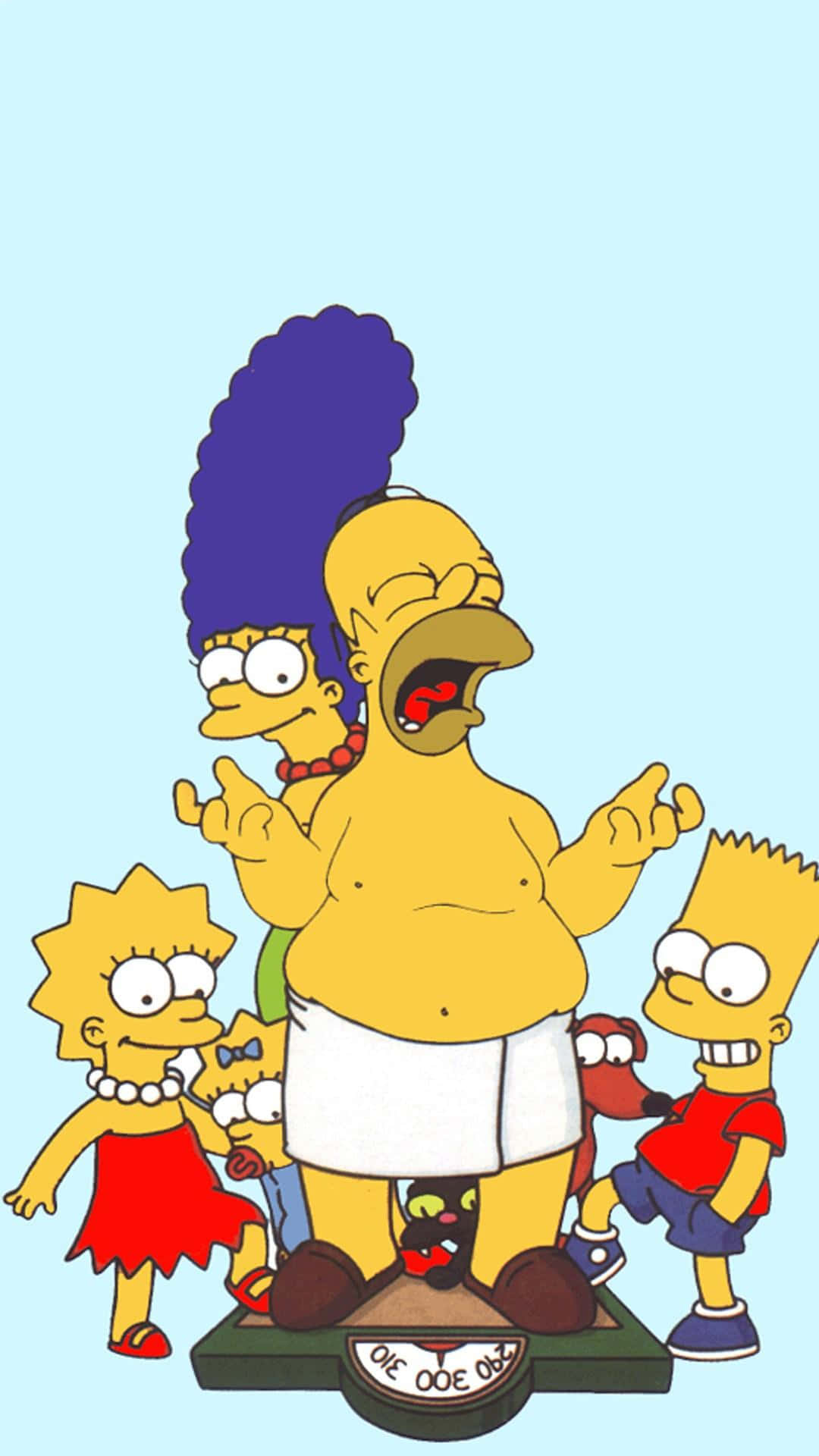 Simpsons Aesthetic 桌布 壁紙 — 辛普森一家站在體重計上，荷馬在大喊，瑪吉看起來很惱火，背景是淺藍色。