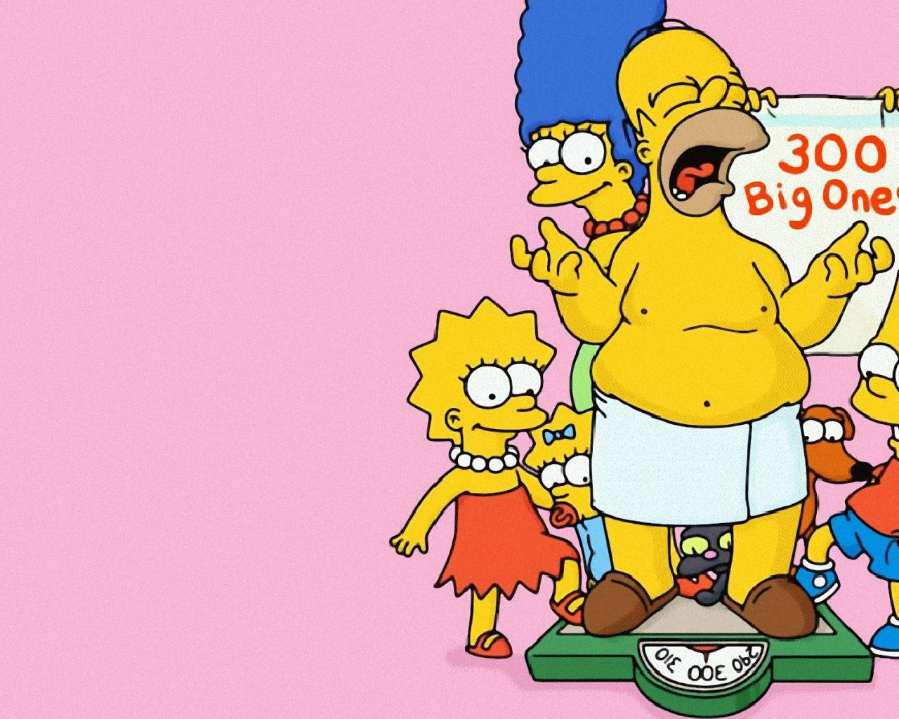 Homer Simpson 桌布 壁紙 — 辛普森一家站在體重計上，荷馬拿著一個寫著300 Big One的牌子，背景是純粉紅色。