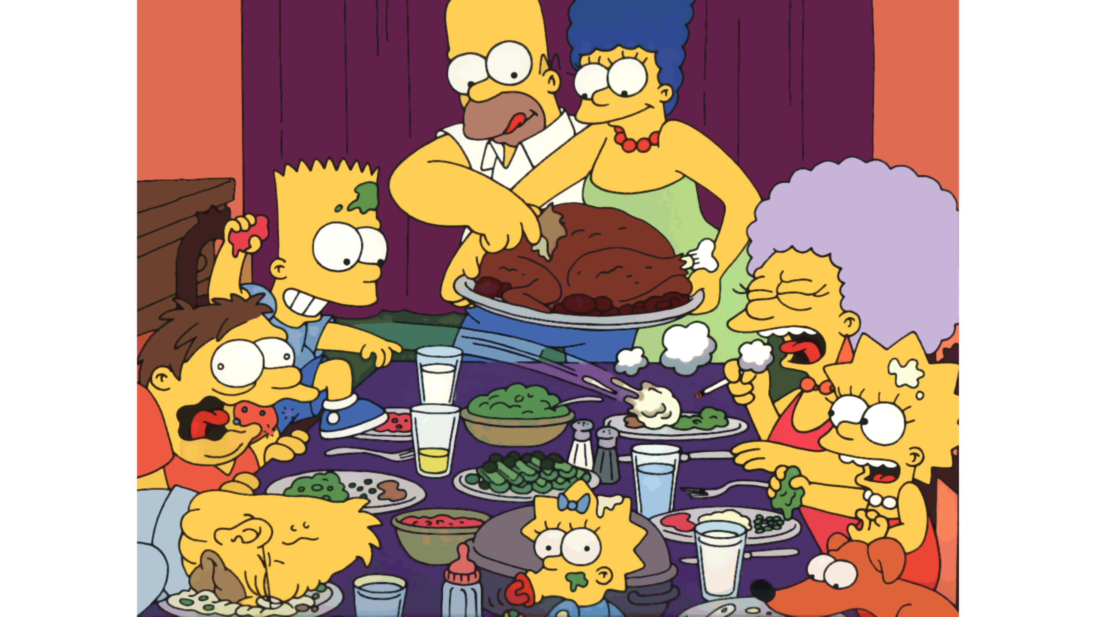 Beautiful Thanksgiving 桌布 壁紙 — 辛普森一家聚集在雜亂的餐桌旁，享用一頓混亂的感恩節大餐，有火雞和配菜。