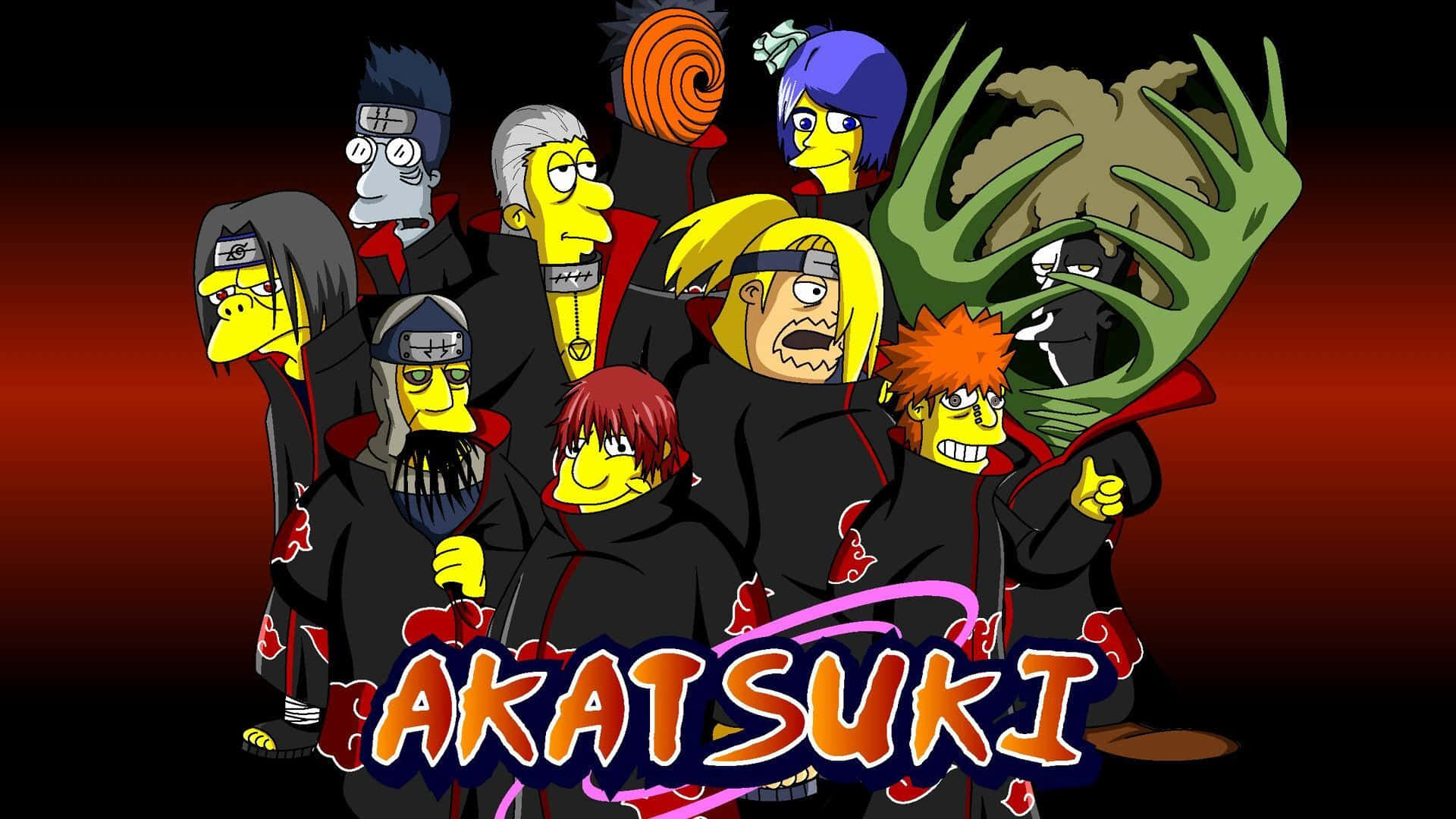 Akatsuki Members 桌布 壁紙 — 《辛普森家庭》角色重新想像為穿著黑色斗篷的曉忍者，背景為紅色漸層色。