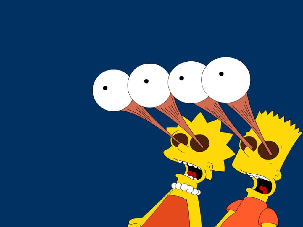 Simpsons Aesthetic 桌布 壁紙 — 《辛普森家庭》角色麗莎和巴特在深藍色背景上尖叫，頭頂有四個漂浮的眼球。