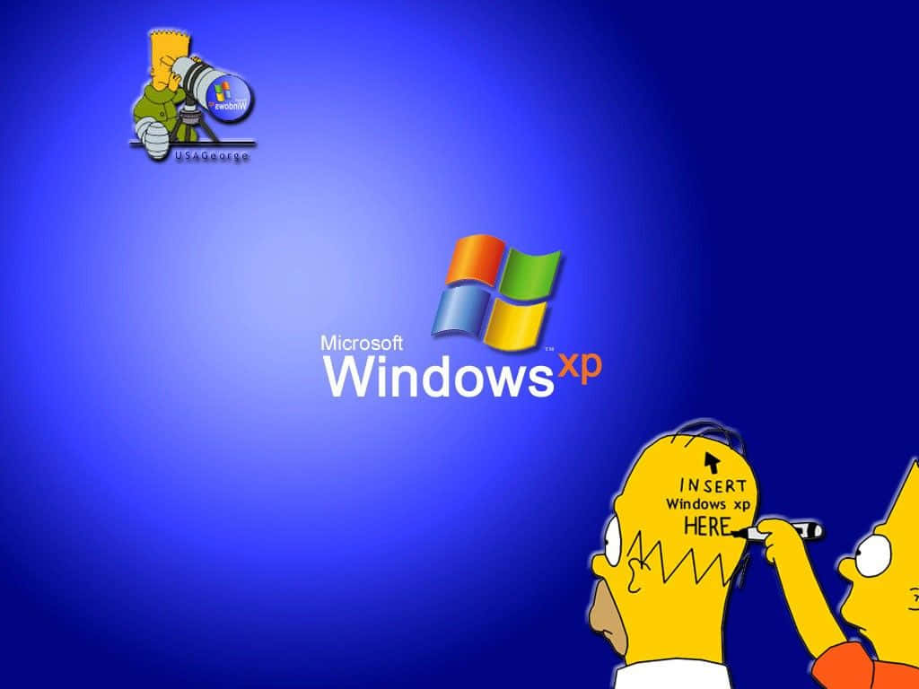 Funny Simpsons 桌布 壁紙 — 辛普森家庭角色在漸層藍色背景上與Windows XP標誌幽默互動。