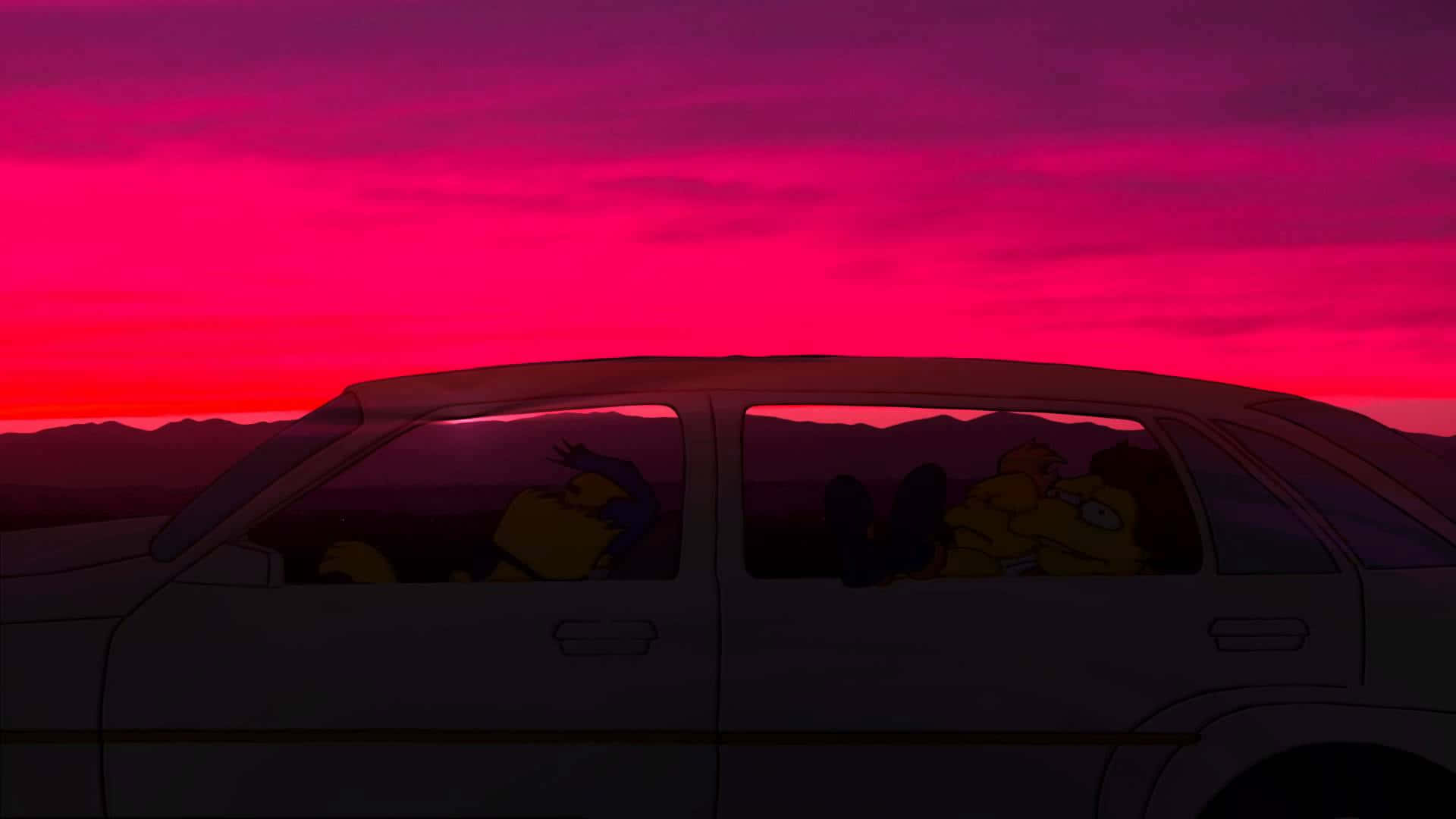 Chill Aesthetic 桌布 壁紙 — 辛普森家庭角色在車內放鬆，背景是鮮豔的粉紅色和紅色日落天空，遠處有山脈。