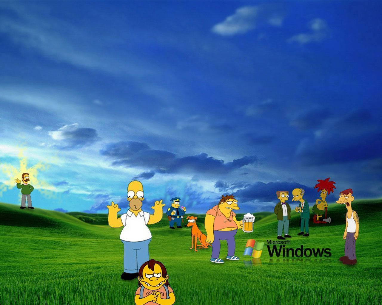 辛普森家庭角色聚集在長滿草的山丘上，天空多雲。 — Microsoft 壁紙