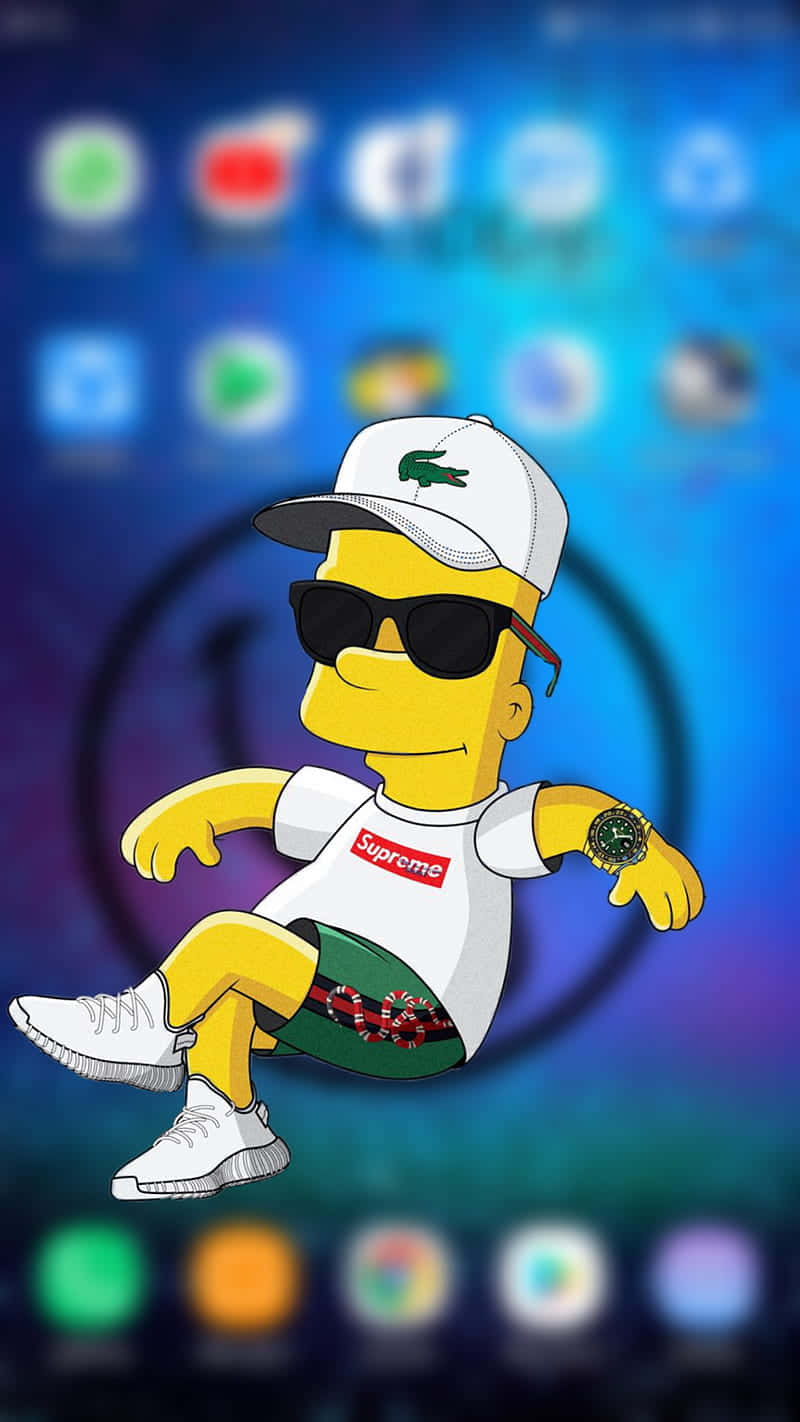 Dope Simpsons 桌布 壁紙 — 辛普森角色穿著時尚服裝，在模糊的手機主螢幕背景前自信地擺姿勢。