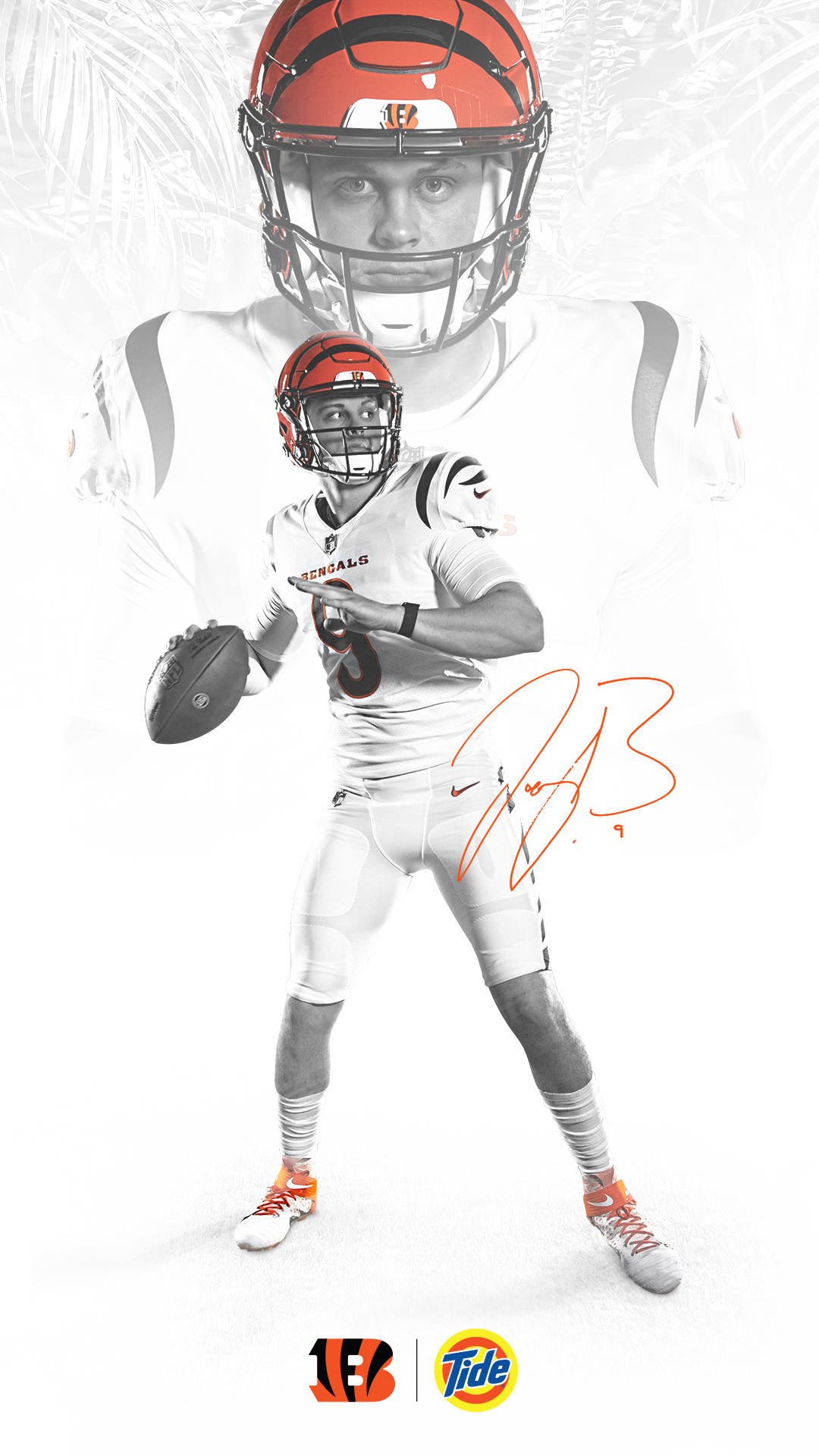Bengals 桌布 壁紙 — 辛辛那提猛虎隊的四分衛身穿白色球衣，戴著醒目的橙色頭盔，在風格化的棕櫚葉背景前準備擲出橄欖球，並附有簽名。