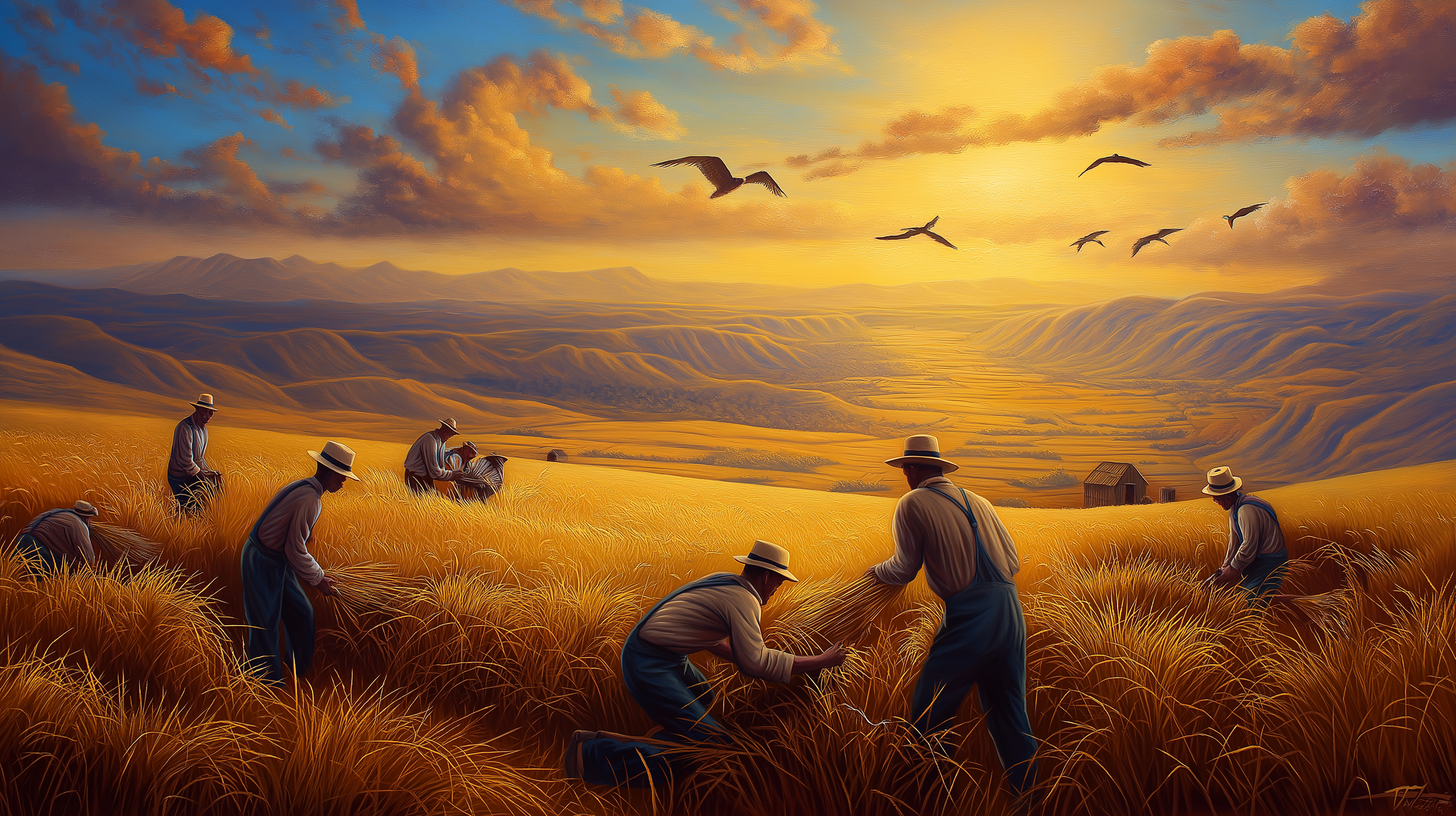 Farmers 桌布 壁紙 — 農夫在戲劇性的日落天空下收割金色小麥，鳥兒在頭頂飛翔。