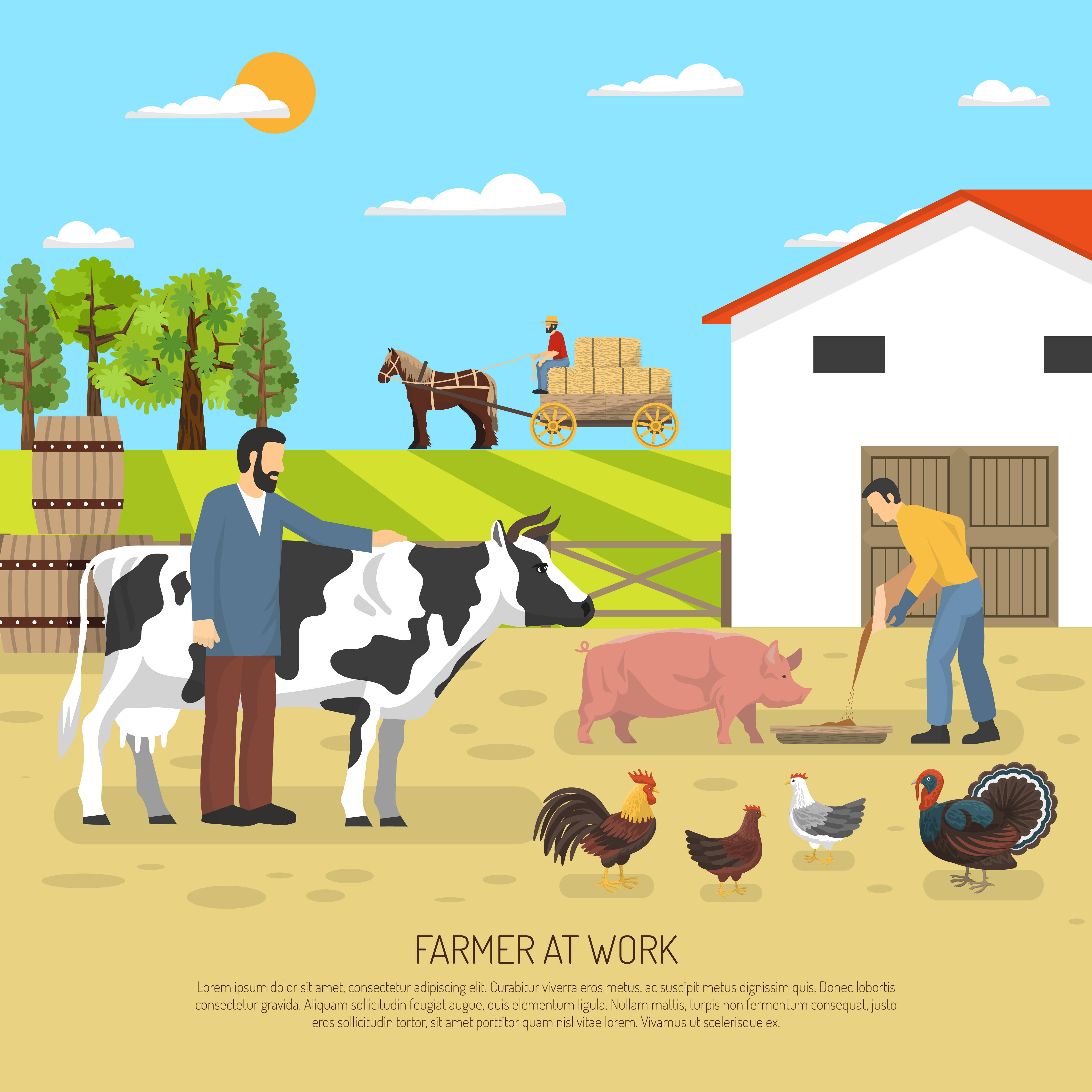 Farmer 桌布 壁紙 — 農夫在陽光明媚的農場照料牛、豬和雞，農場有馬車和穀倉，天空蔚藍。