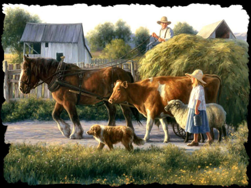 Farm Animal 桌布 壁紙 — 農夫引領一輛載滿乾草的馬車，女孩和狗在陽光明媚的農場小徑上與牛和羊並行。