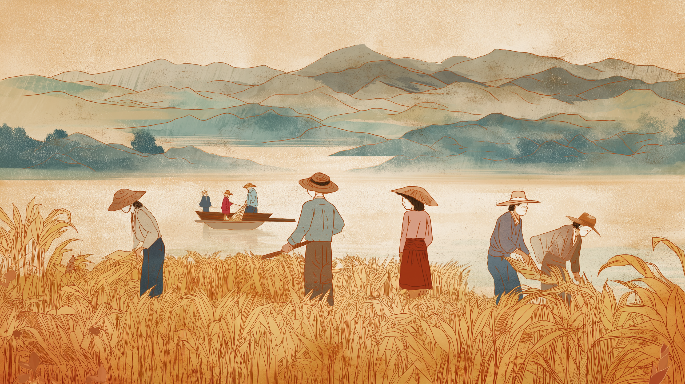 Farmers 桌布 壁紙 — 農民在溫暖的天空下，在河邊的田野裡收割金黃色的稻米，遠處有山巒。