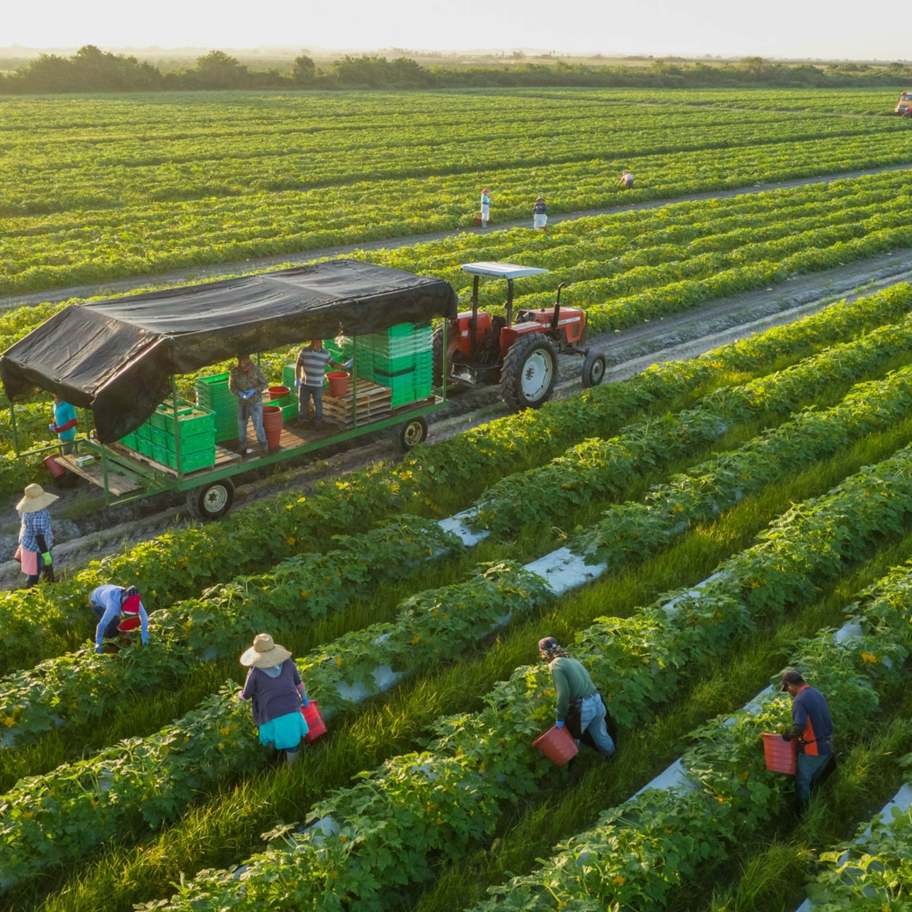 Organic Farming 桌布 壁紙 — 農民在金色晨光下整齊排列收割作物的鳥瞰圖，一輛紅色拖拉機拖著裝載的拖車。