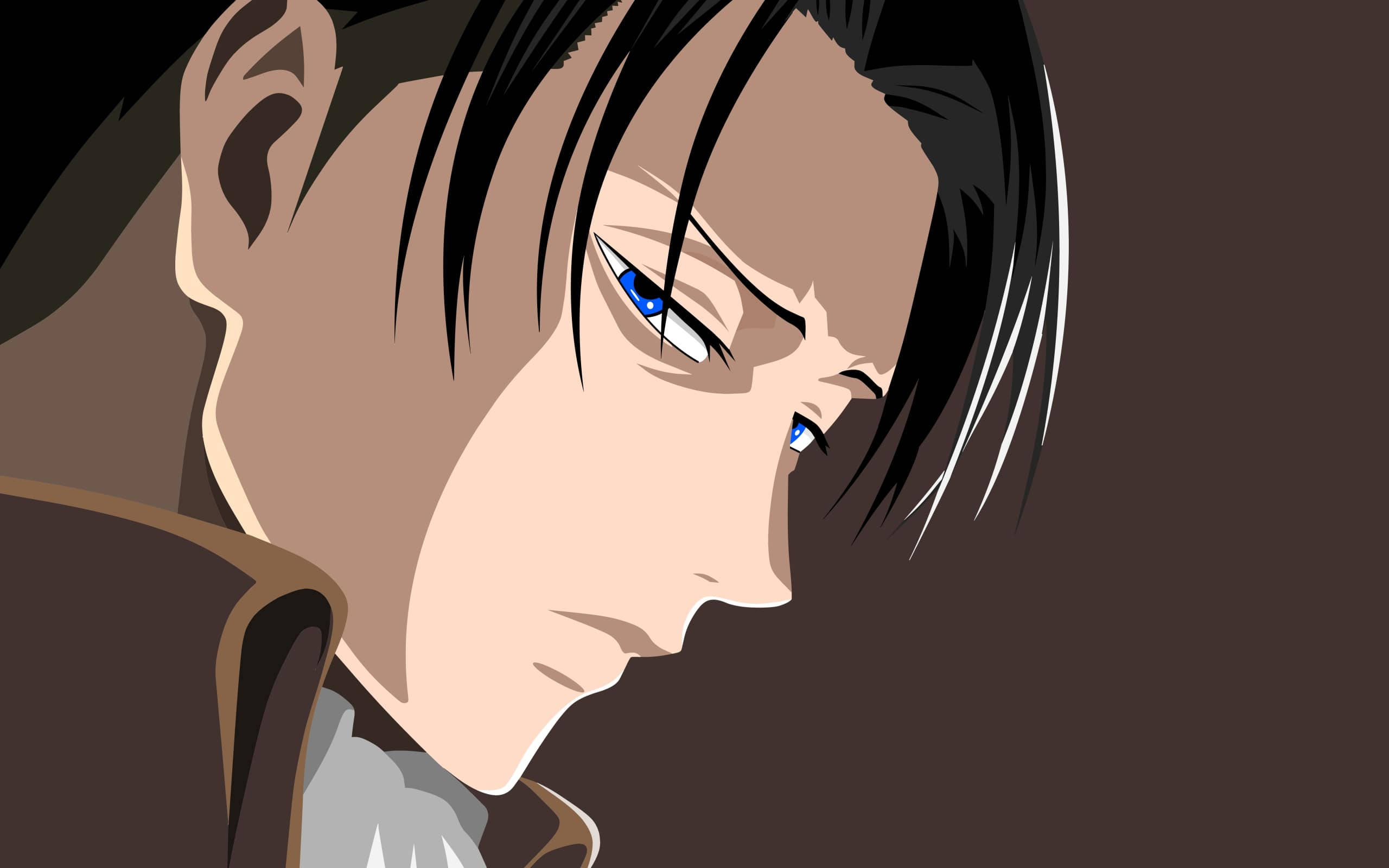 levi aesthetic 桌布 壁紙 — 近距離動畫肖像，一個年輕男子擁有強烈的藍色眼睛和深色頭髮，在柔和的棕色背景下向下看。