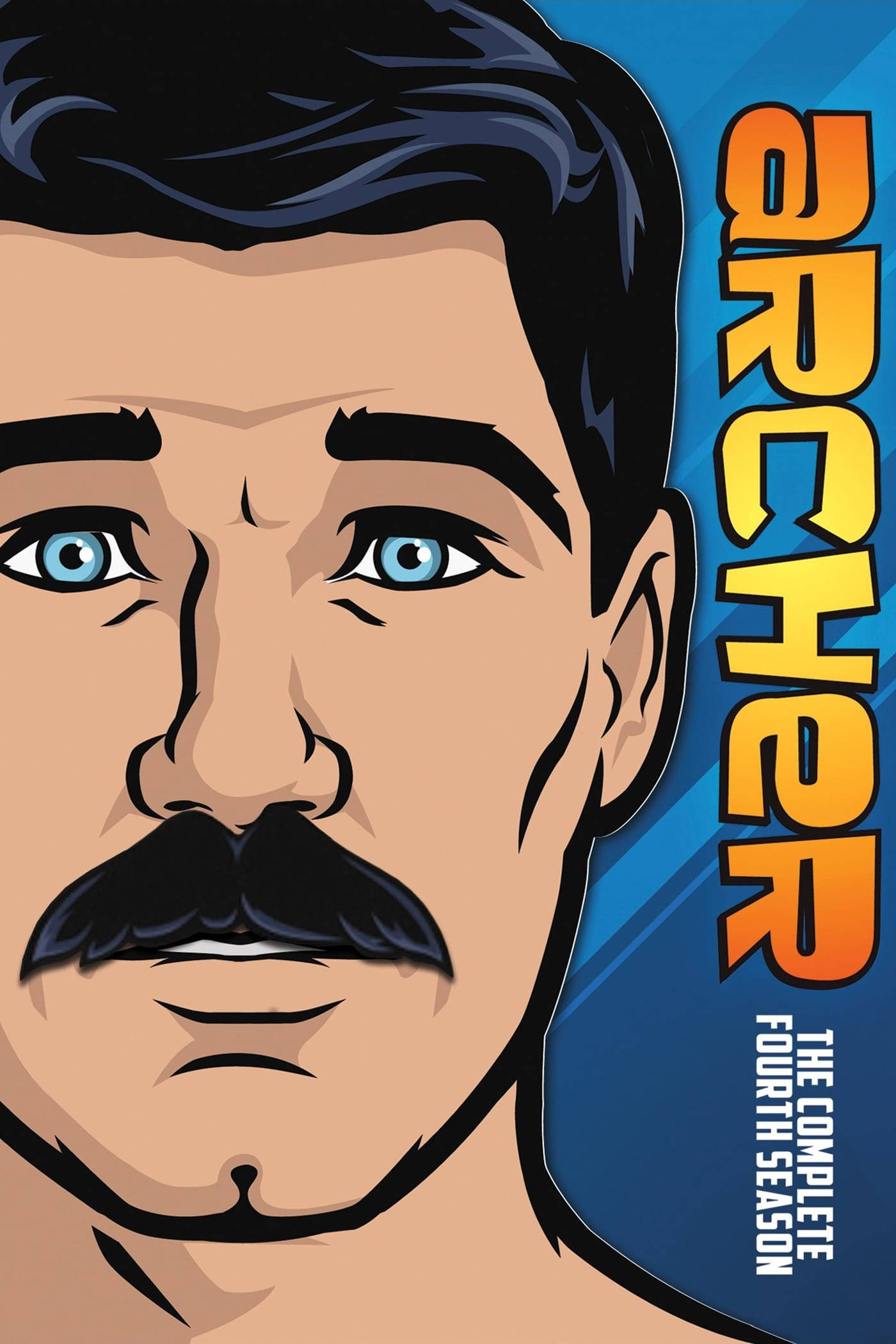 Sterling Archer準備行動——《Archer》第四季DVD海報 壁紙 — 近距離卡通肖像，一個藍眼睛、濃密鬍鬚的男人，背景為藍色漸變，帶有「ARCHER」文字。