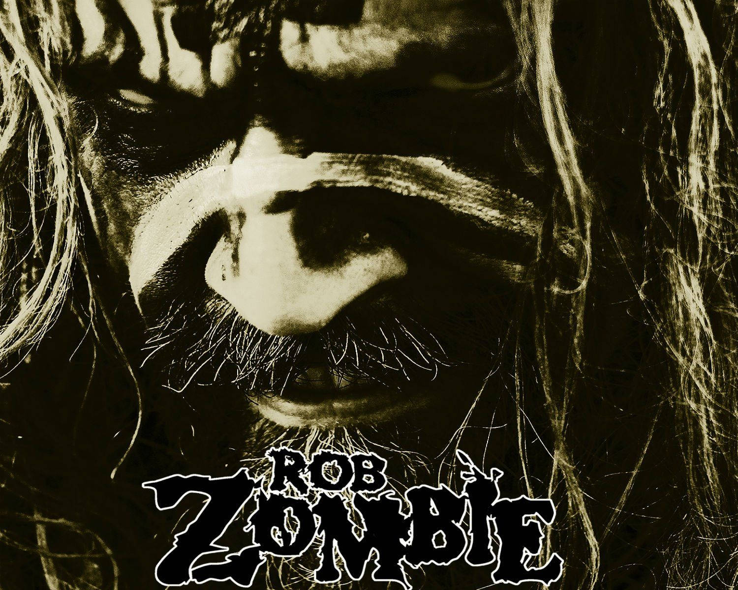 殭屍動圖 桌布 壁紙 — 近距離懷舊色調肖像，Rob Zombie 眼神銳利，長髮，深色背景。