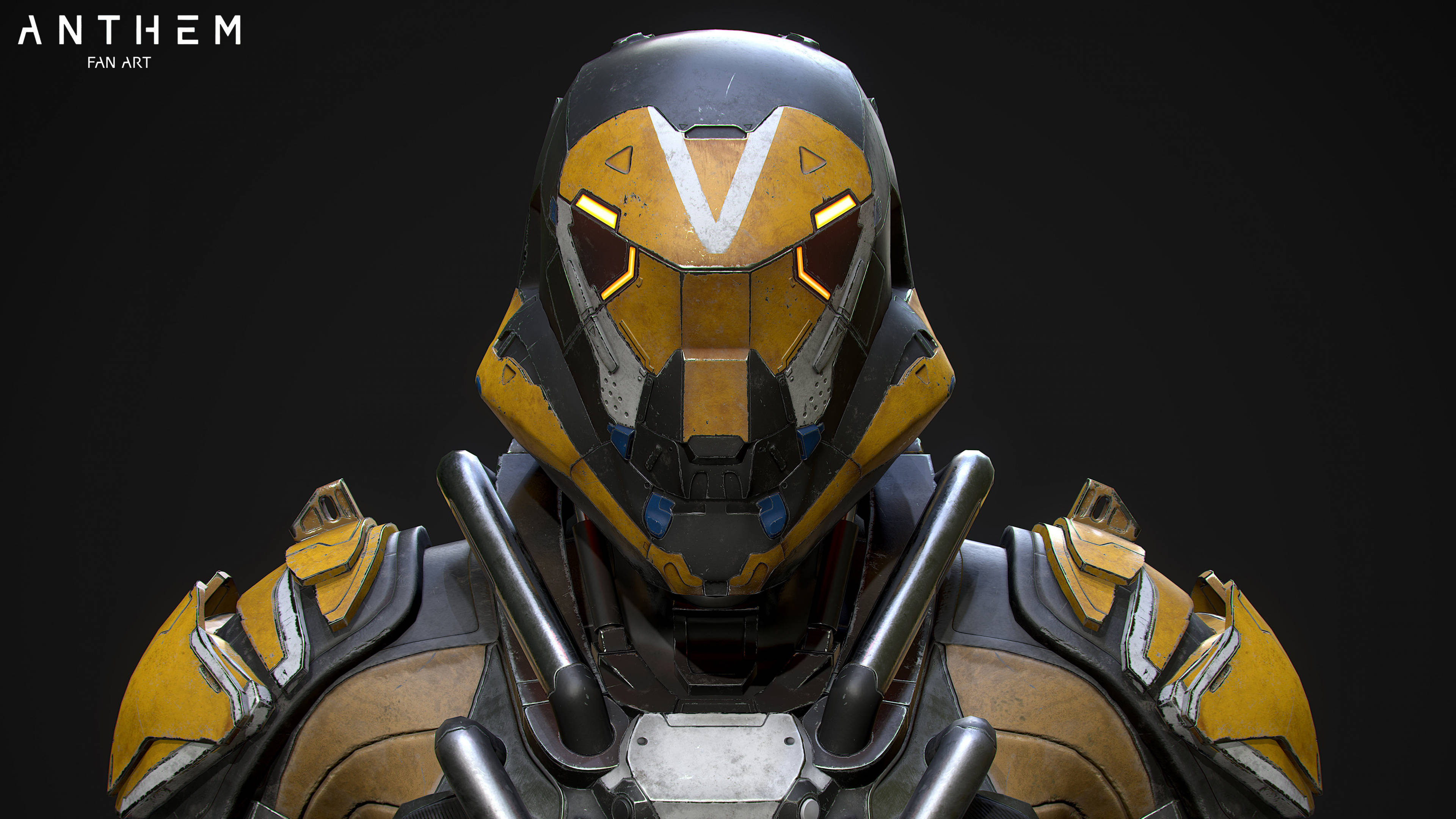 Anthem 3840x2160 桌布 壁紙 — 近距離拍攝 Anthem 中黃黑色裝甲角色，眼睛發光，背景黑暗。