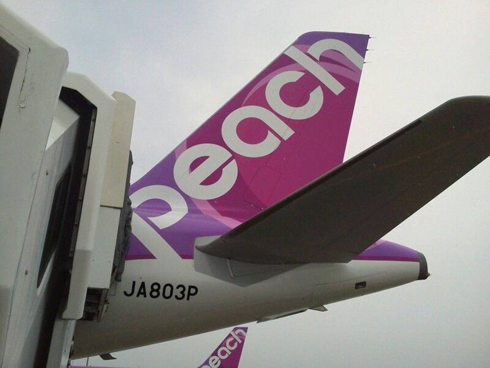 Aviation 桌布 壁紙 — 近距離拍攝Peach Airlines飛機尾部，帶有醒目的紫色品牌標識和註冊號JA803P，背景為多雲天空。