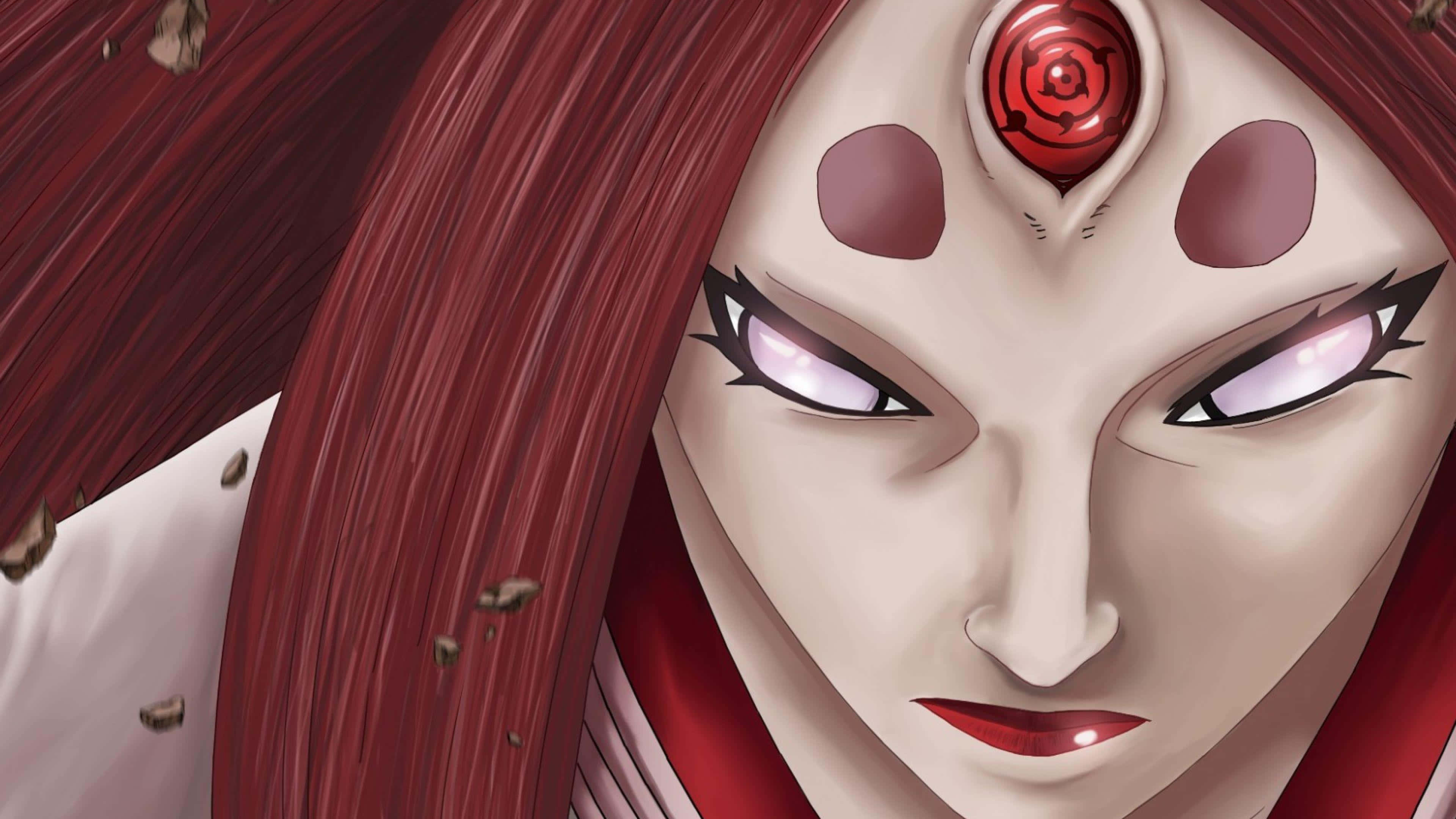 Kaguya Otsutsuki 桌布 壁紙 — 近距離拍攝一位兇猛的動漫女性，紅色頭髮，額頭上有一個發光的紅色螺旋標記。
