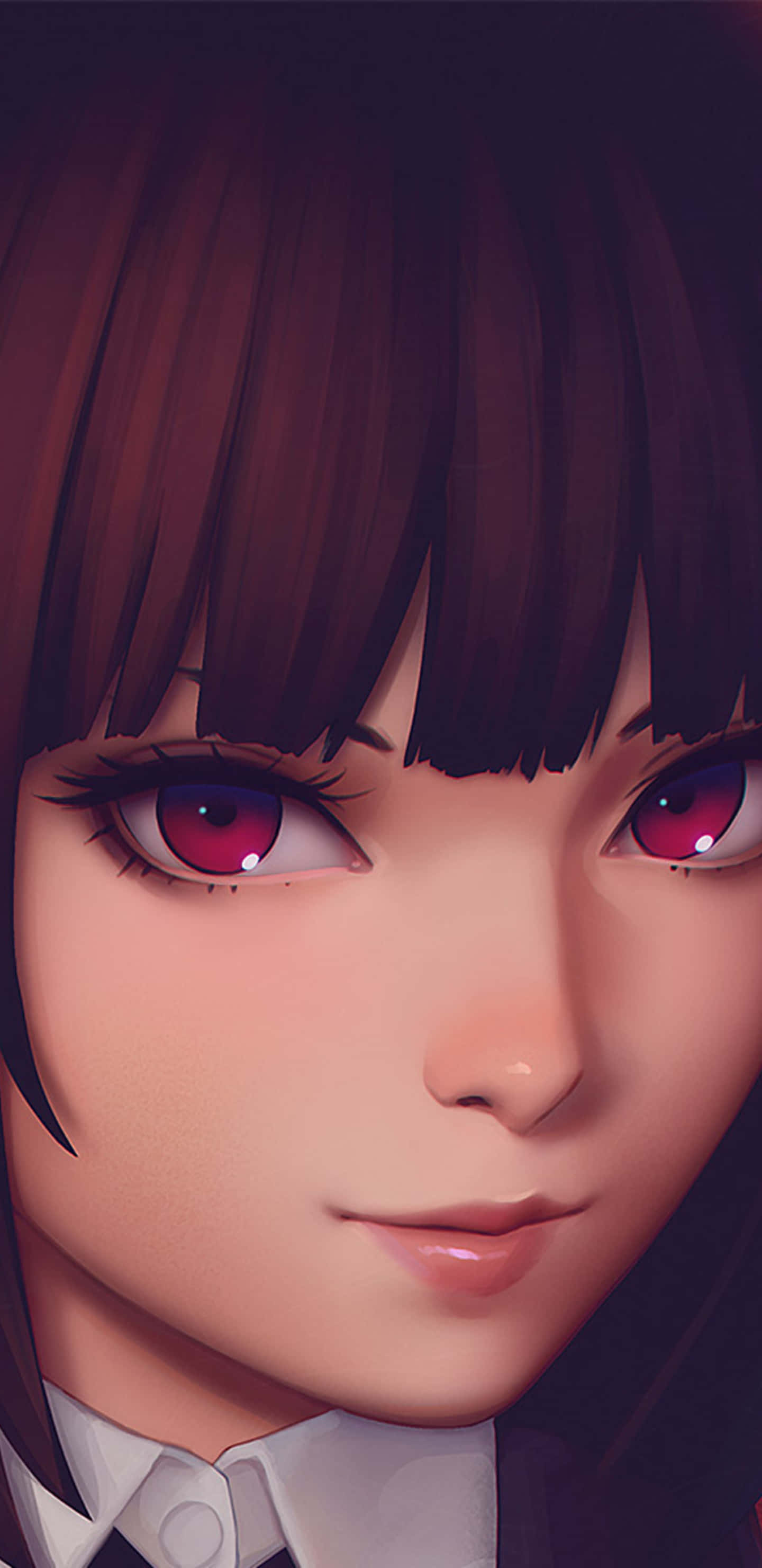Kakegurui 桌布 壁紙 — 近距離拍攝一位動漫女孩，擁有引人注目的紅眼睛和深棕色頭髮，穿著白色有領襯衫。