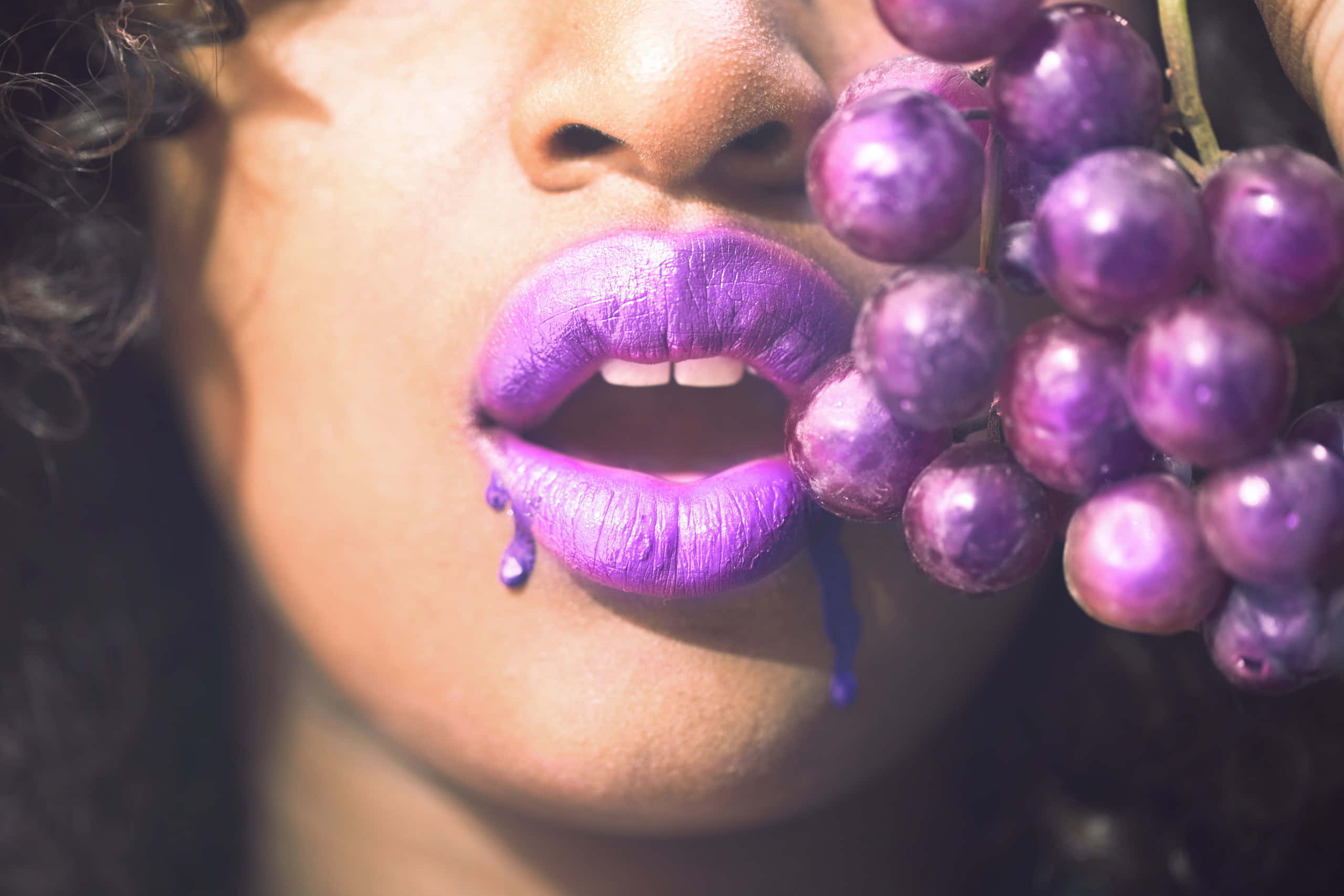 Purple Grapes 桌布 壁紙 — 近距離拍攝一個人擁有充滿活力的紫色嘴唇，咬著一串紫色葡萄，果汁滴落。