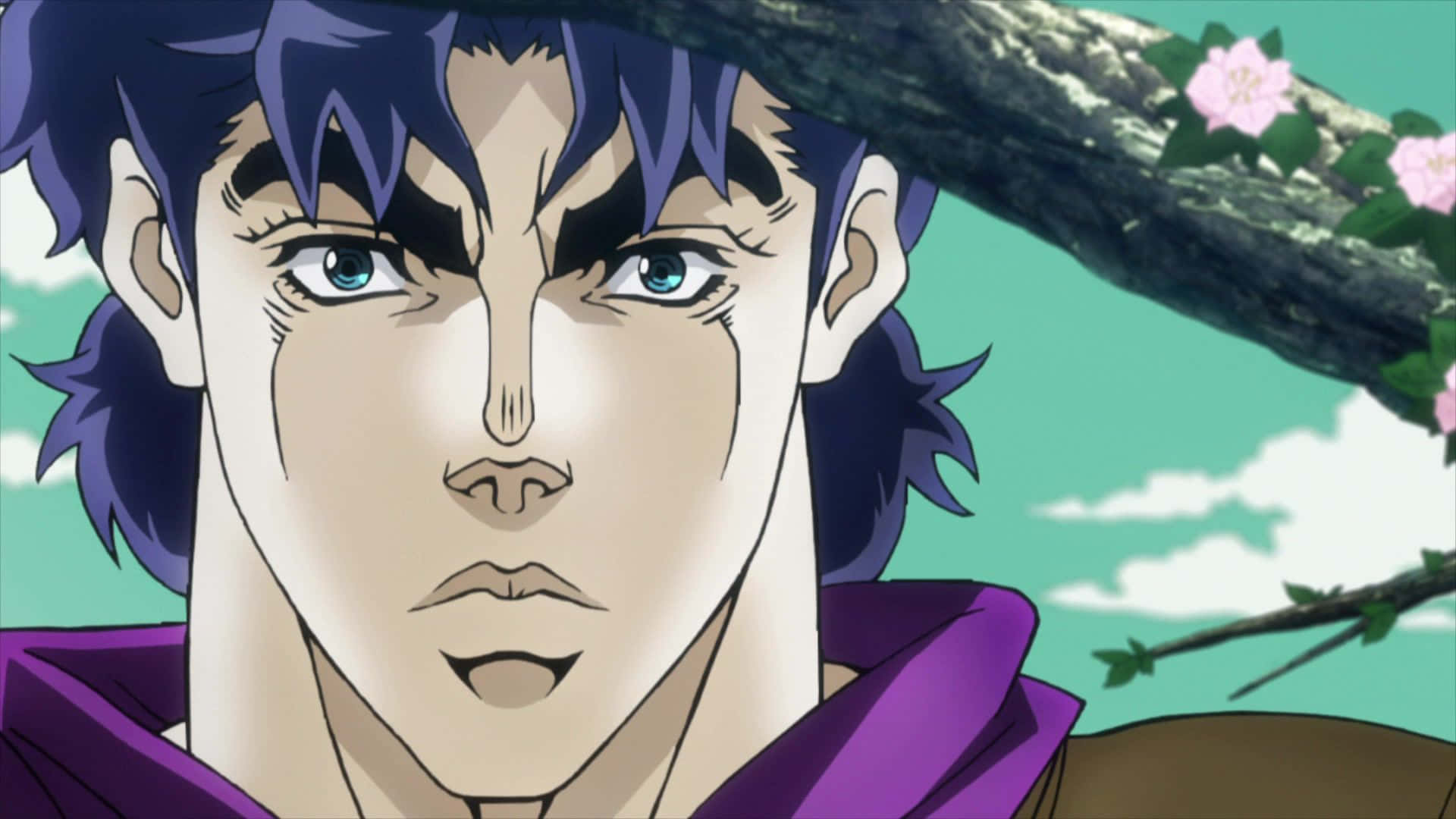 Phantom Blood 桌布 壁紙 — 近距離拍攝一個堅定的動畫男性，擁有尖刺的藍色頭髮和銳利的藍色眼睛，以櫻花為框。