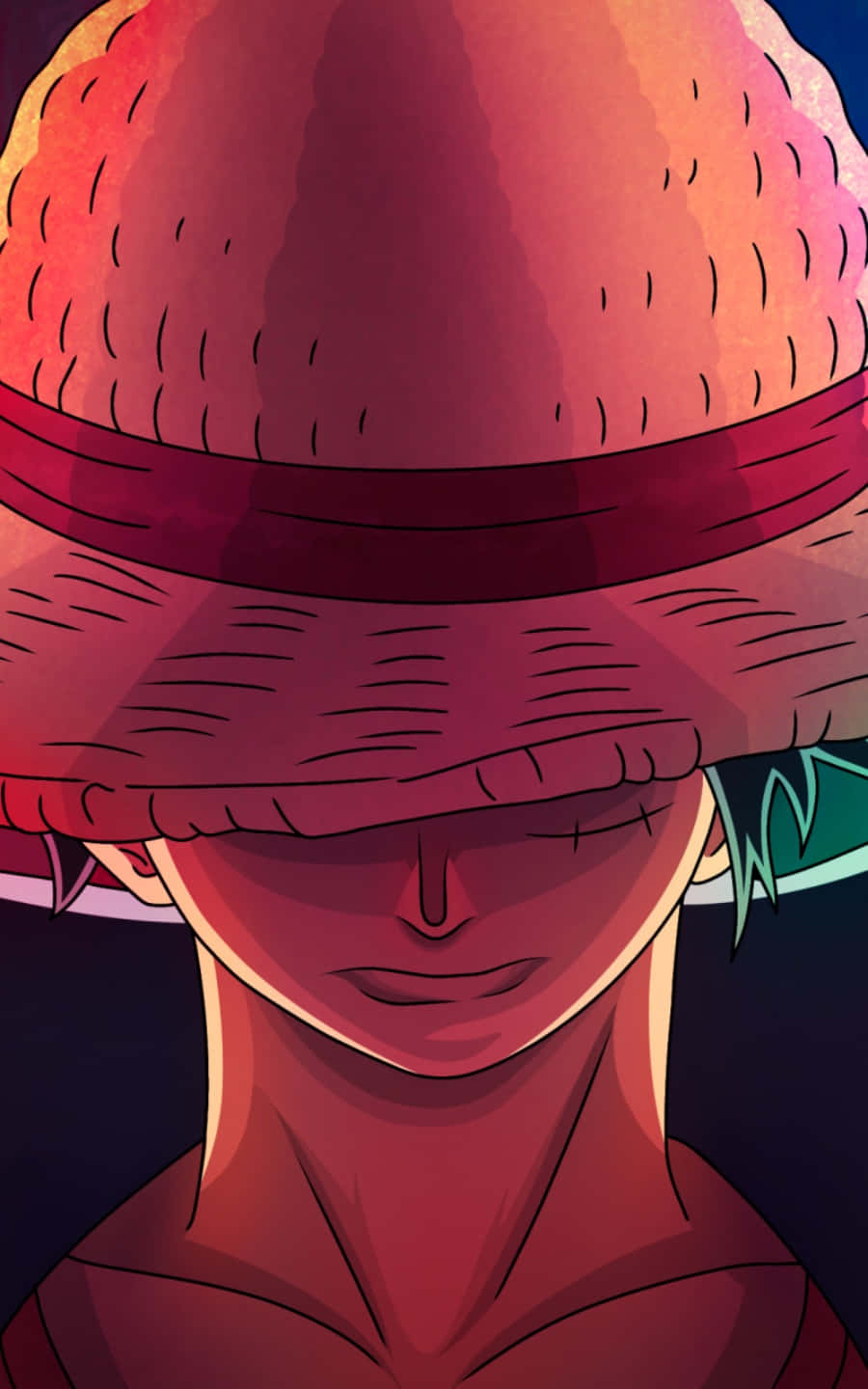 Luffy 桌布 壁紙 — 近距離拍攝一個微笑的動漫角色，戴著一頂大紅色草帽，露出綠色頭髮。