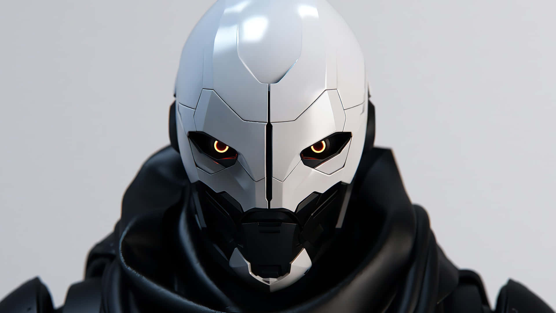 Best Destiny 2 桌布 壁紙 — 近距離拍攝一個未來風格的白色裝甲頭盔，帶有發光的橙色眼睛和黑色斗篷，背景為純色。