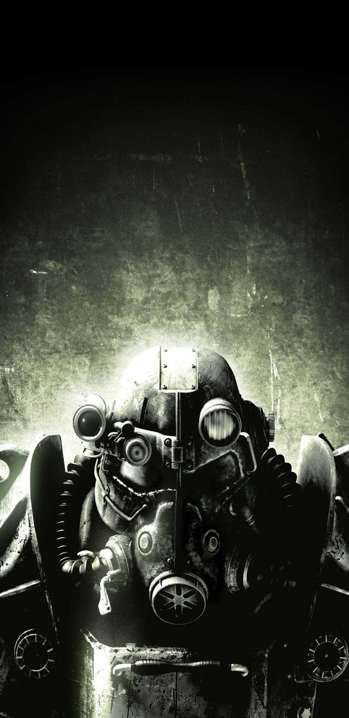 Pixel 3xl Fallout 76 桌布 壁紙 — 近距離拍攝一個歷經風霜的末日後動力裝甲頭盔，發光的眼睛在粗糙的黑暗背景上閃爍。
