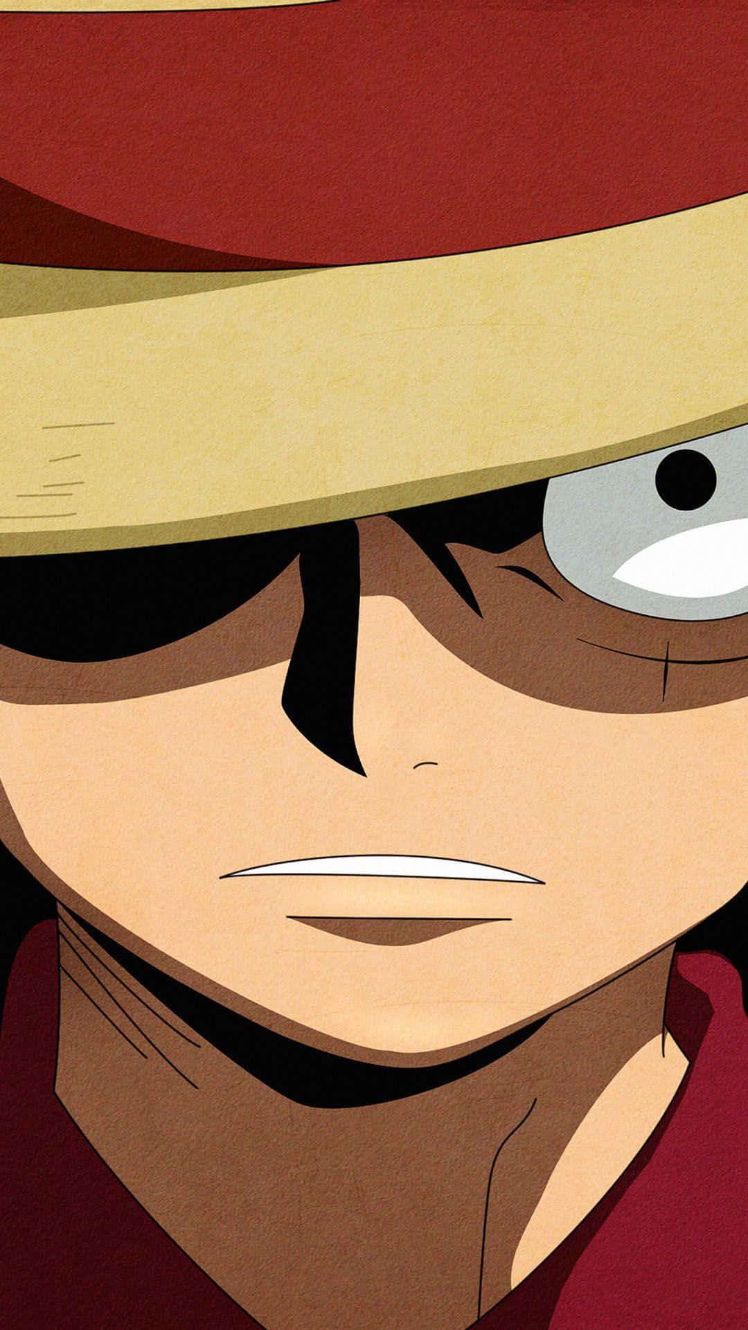 Luffy 桌布 壁紙 — 近距離拍攝一個決心堅定的動畫海盜，戴著草帽和眼罩，怒目而視。