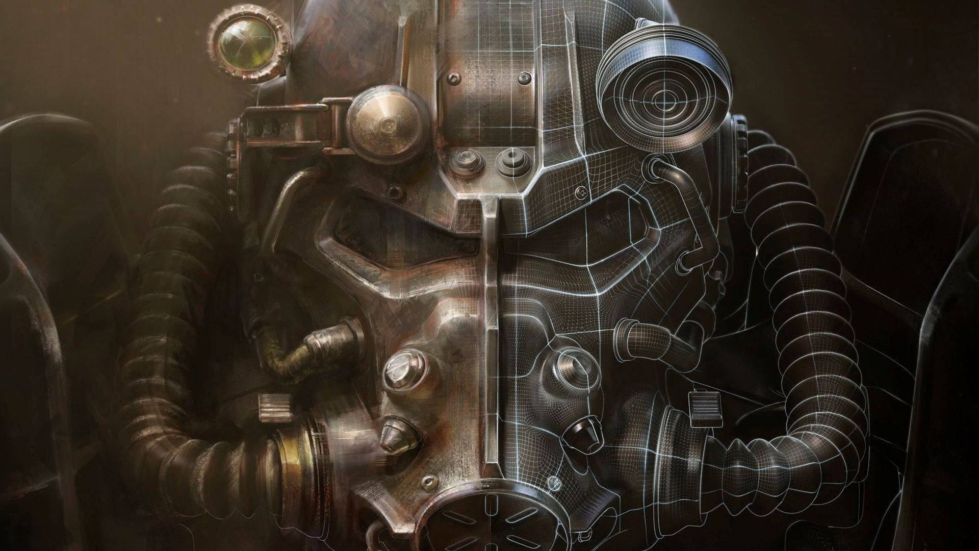 Fallout 4 桌布 壁紙 — 近距離拍攝一個風化的後末日動力裝甲頭盔，帶有發光綠色護目鏡和線框覆蓋層。
