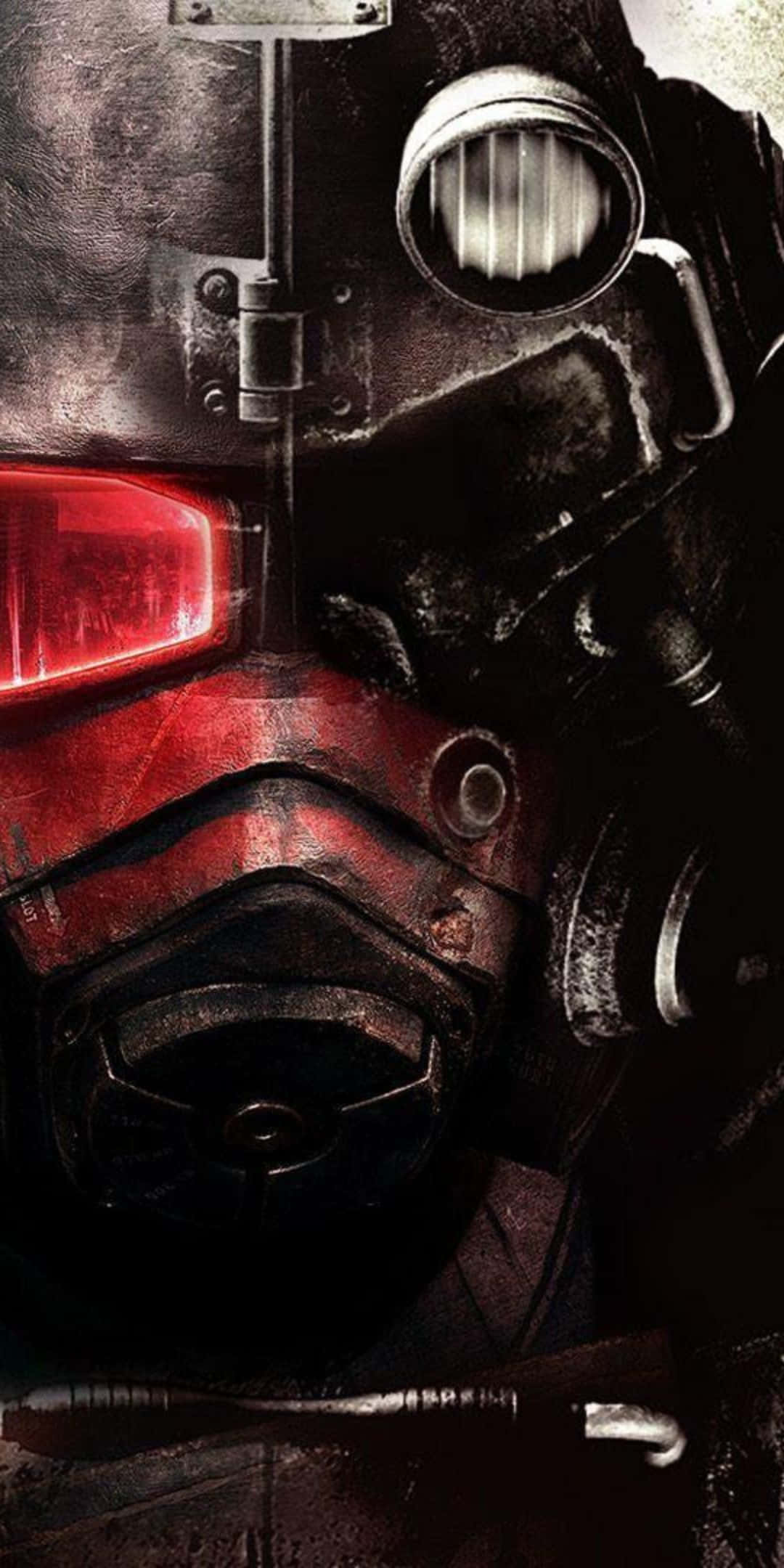 Pixel 3 Fallout 76 桌布 壁紙 — 近距離拍攝一個風化的末日後防毒面具，帶有發光的紅色眼睛和金屬細節。