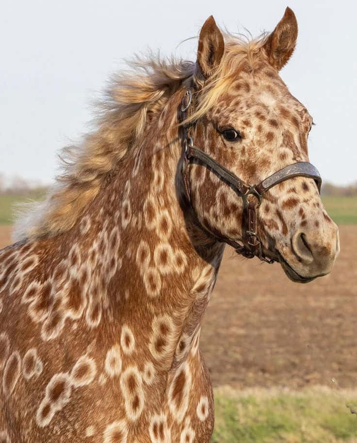 Appaloosa Horse 桌布 壁紙 — 近距離拍攝一匹擁有獨特白色和棕色斑點的美麗花紋阿帕盧薩馬，站在田野中。