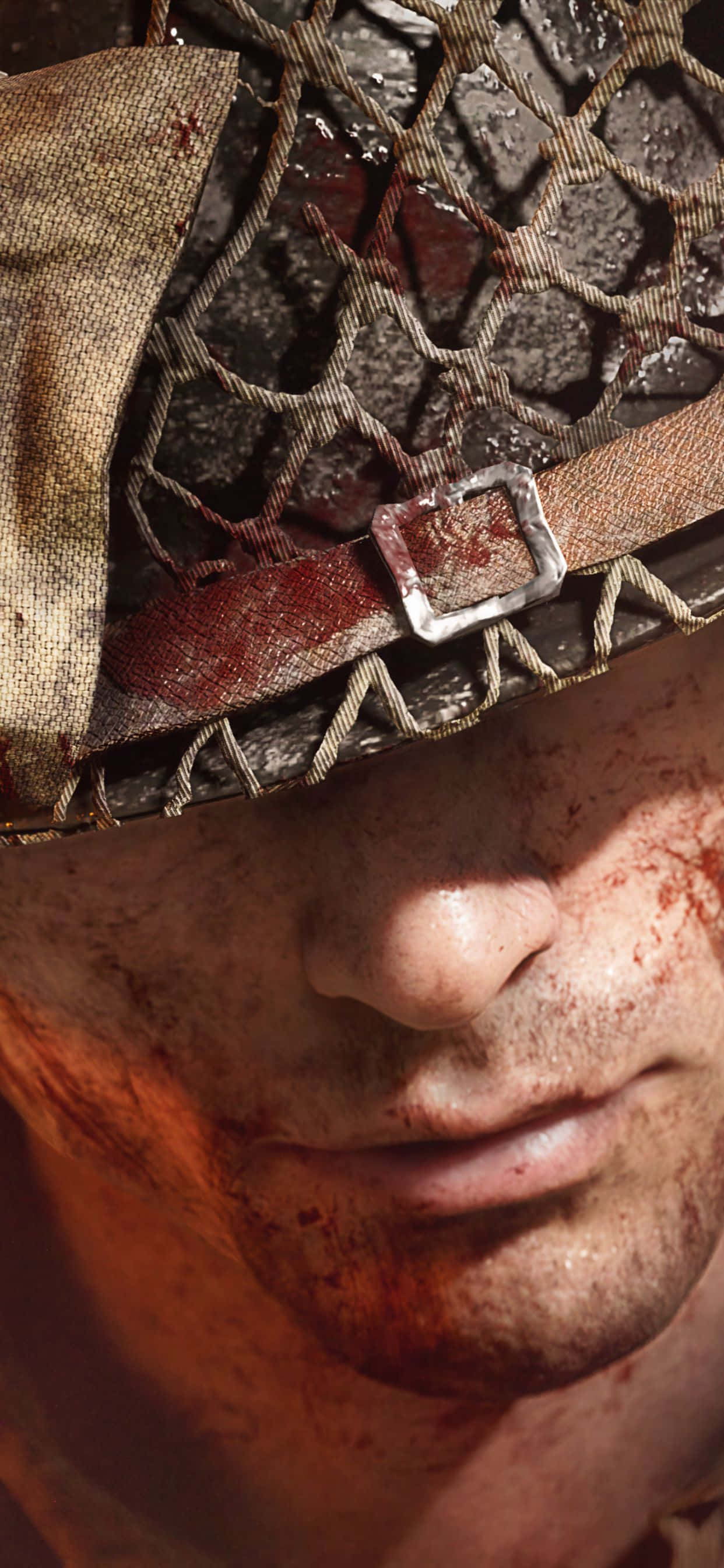 HD Battlefield V 桌布 壁紙 — 近距離拍攝一名作戰傷痕累累的士兵的臉部，頭盔沾滿血跡，在刺眼陽光下表情堅定。