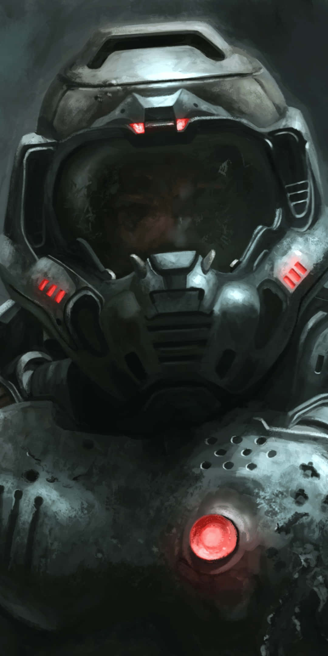 Pixel 3 Doom 桌布 壁紙 — 近距離拍攝一名未來戰士，頭戴破舊頭盔，頭盔上發出紅色光芒，背景陰暗粗糙。