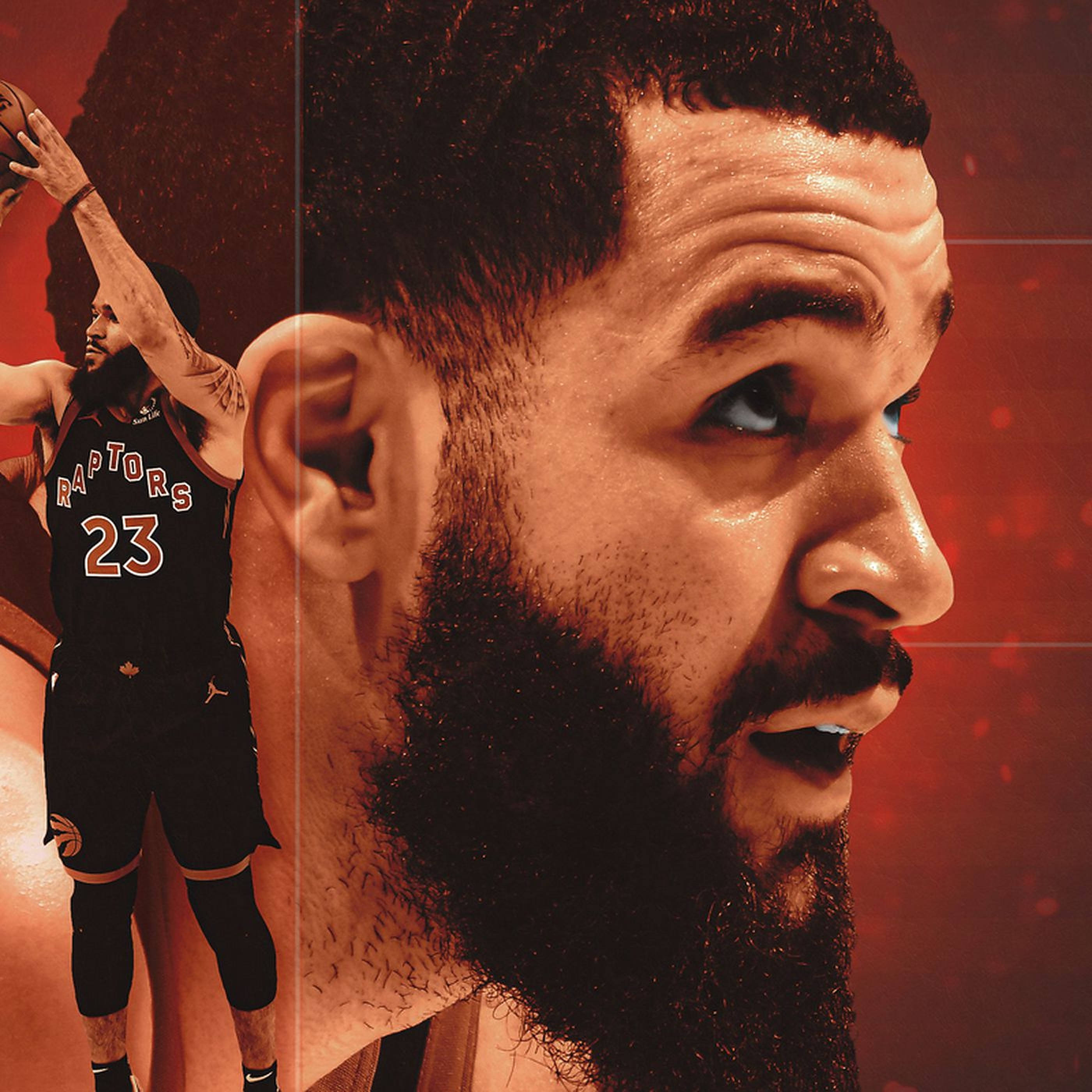 Fred Vanvleet 桌布 壁紙 — 近距離拍攝一名留鬍子的籃球運動員身穿暴龍隊球衣，在火紅背景下投籃的瞬間。