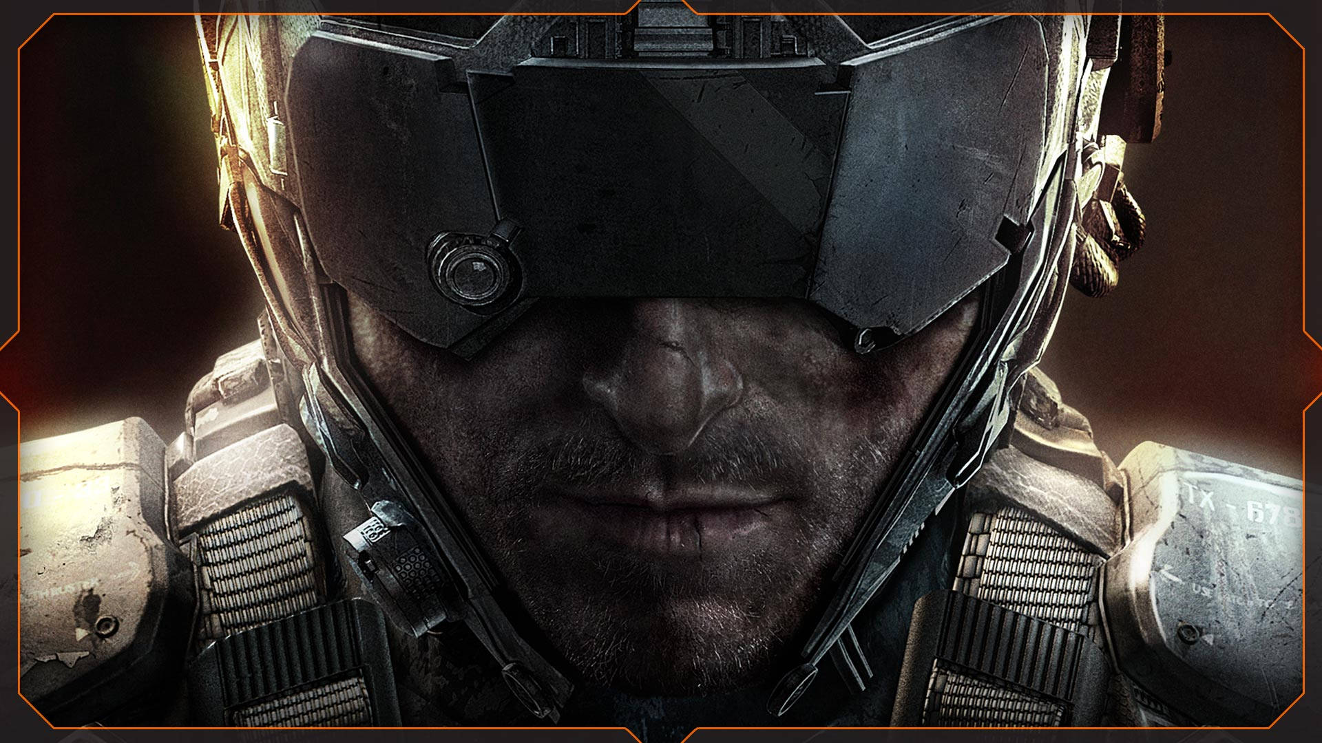 Call Of Duty Black Ops 3 桌布 壁紙 — 近距離拍攝一名疲憊的士兵，身穿未來風格裝甲，配備深色面罩，在溫暖燈光下呈現粗糙質感。
