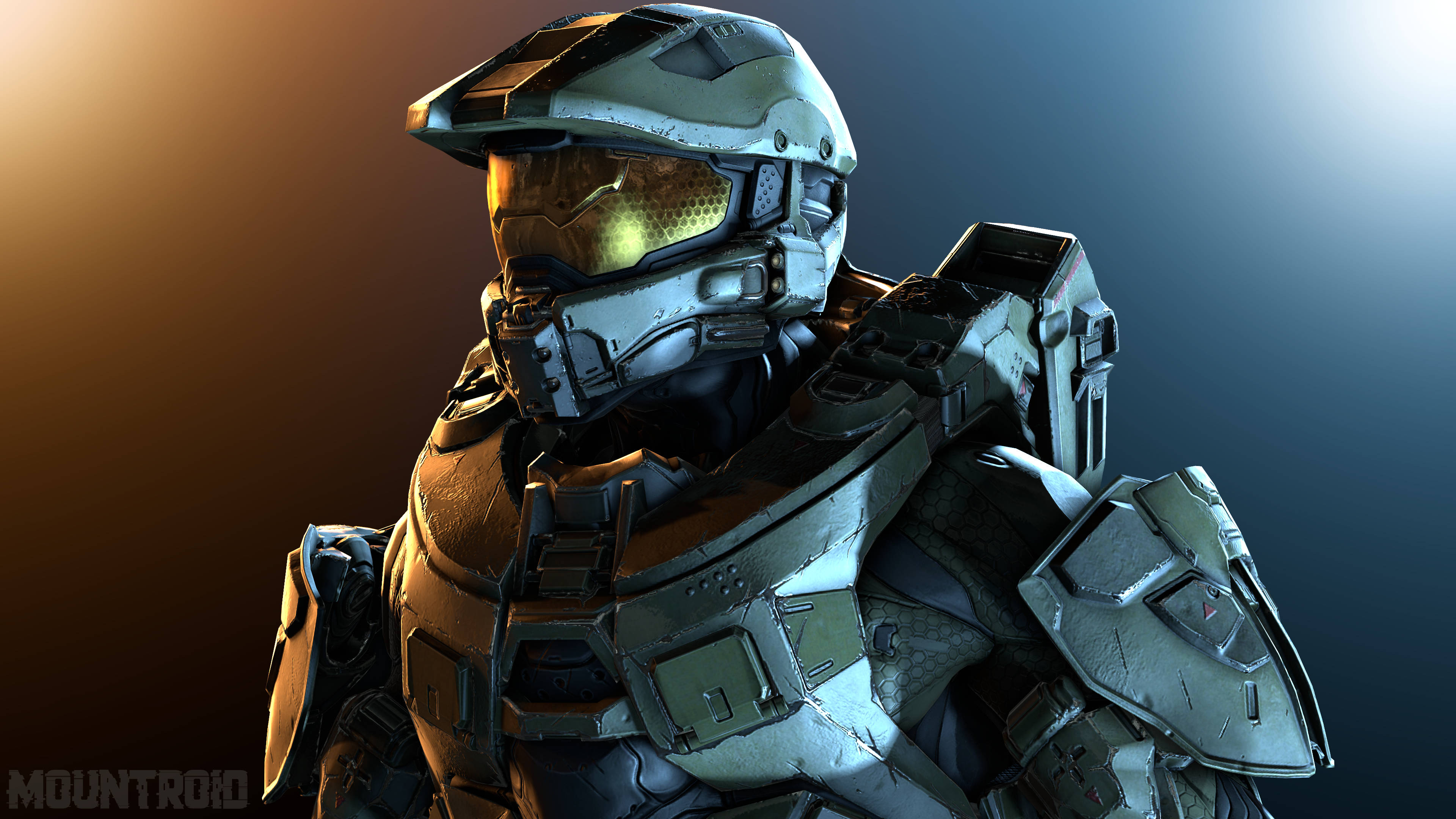 Master Chief 桌布 壁紙 — 近距離拍攝一名身穿精細盔甲、配備發光面罩的斯巴達戰士，背景為漸層色。