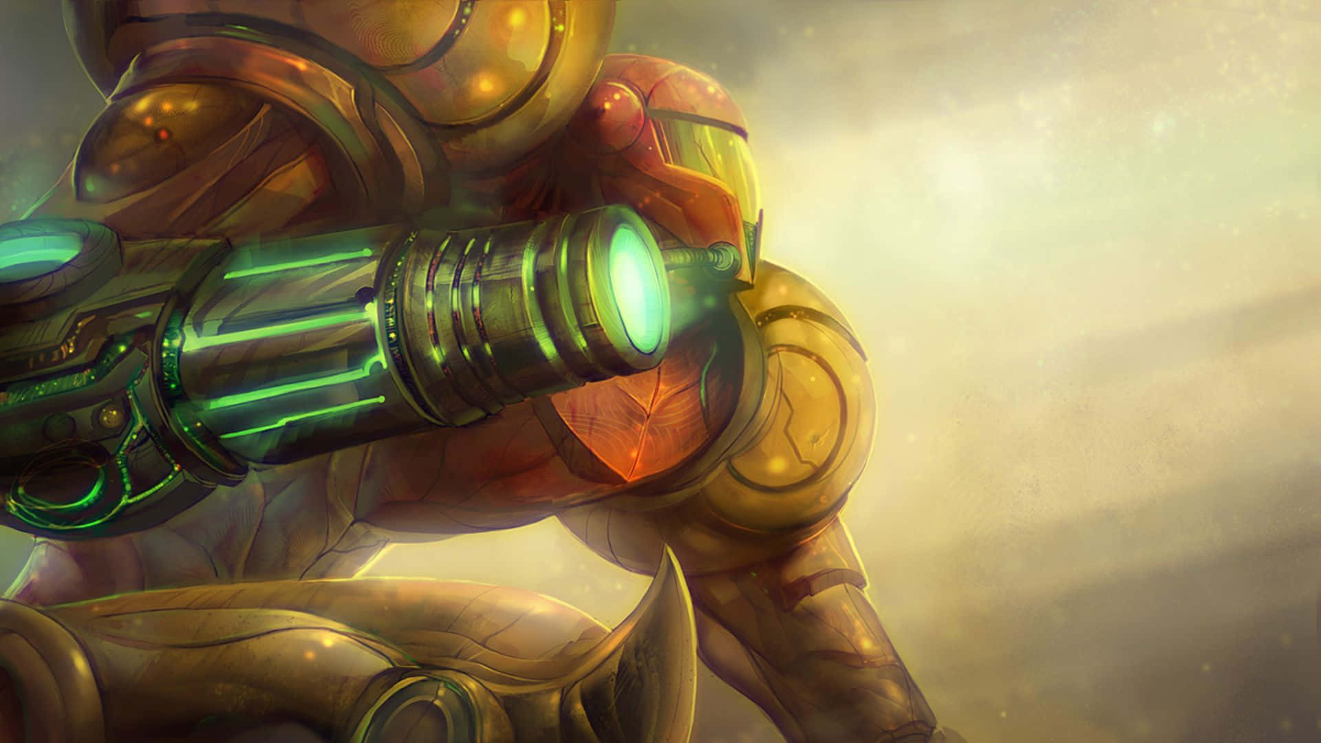 Metroid Dread 桌布 壁紙 — 近距離拍攝一名身穿裝甲的太空陸戰隊員，在模糊的金色背景下瞄準一把發光的綠色能量武器。