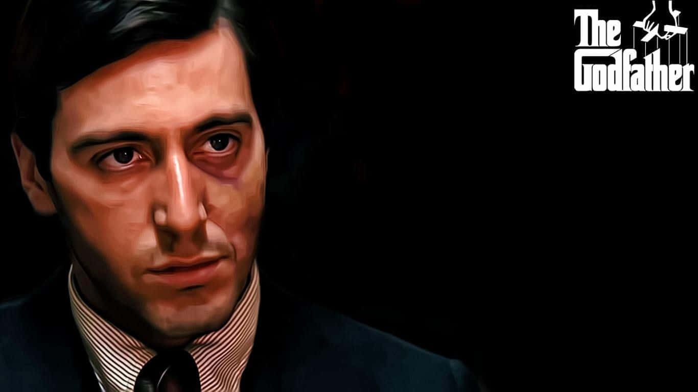 The Godfather 桌布 壁紙 — 近距離拍攝一名身穿西裝、眼神銳利的男士，背景為深色，並帶有《教父》標誌。