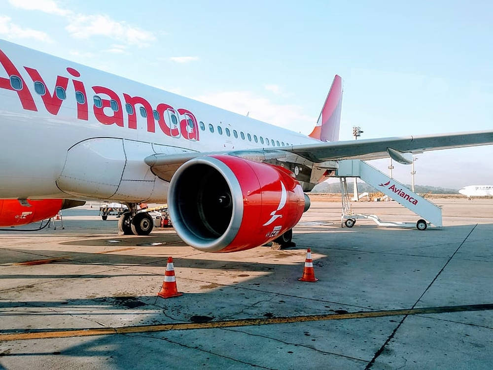 Airport 桌布 壁紙 — 近距離拍攝一架 Avianca 飛機停泊在機場閘口，停機坪上有橙色錐體，背景是晴朗的藍天。