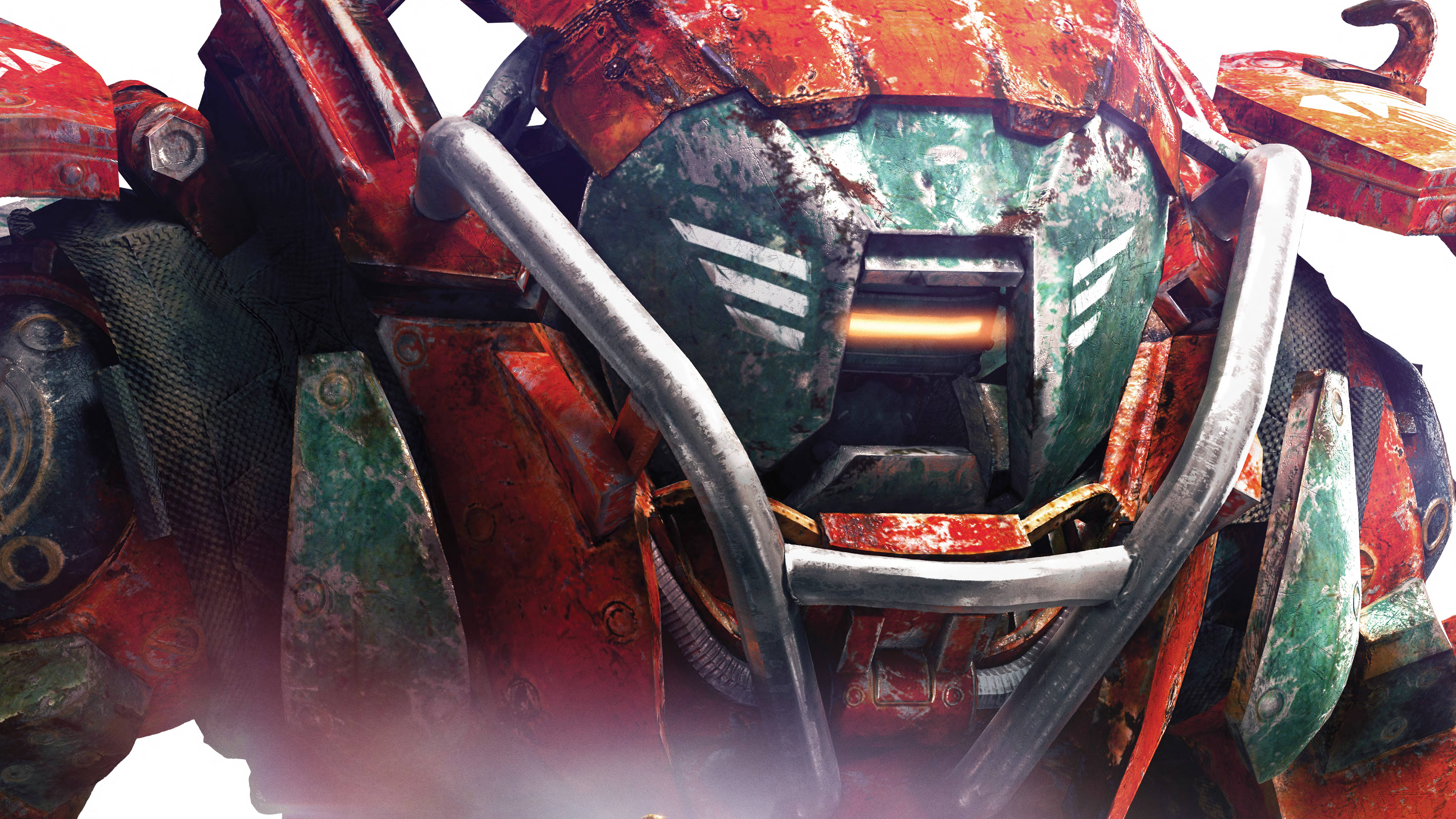 anthem 4K 桌布 壁紙 — 近距離拍攝一架經歷戰鬥、破損的紅綠機甲，帶有發光的橙色眼睛和金屬裝甲。