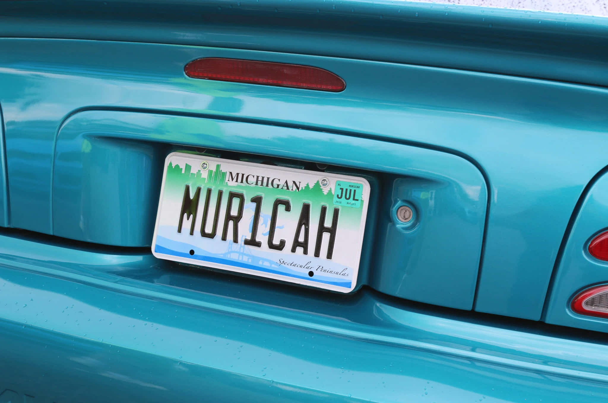 Car License Plate 桌布 壁紙 — 近距離拍攝一輛青綠色汽車的尾部，帶有密西根州車牌，個人化文字為MUR1CAH。
