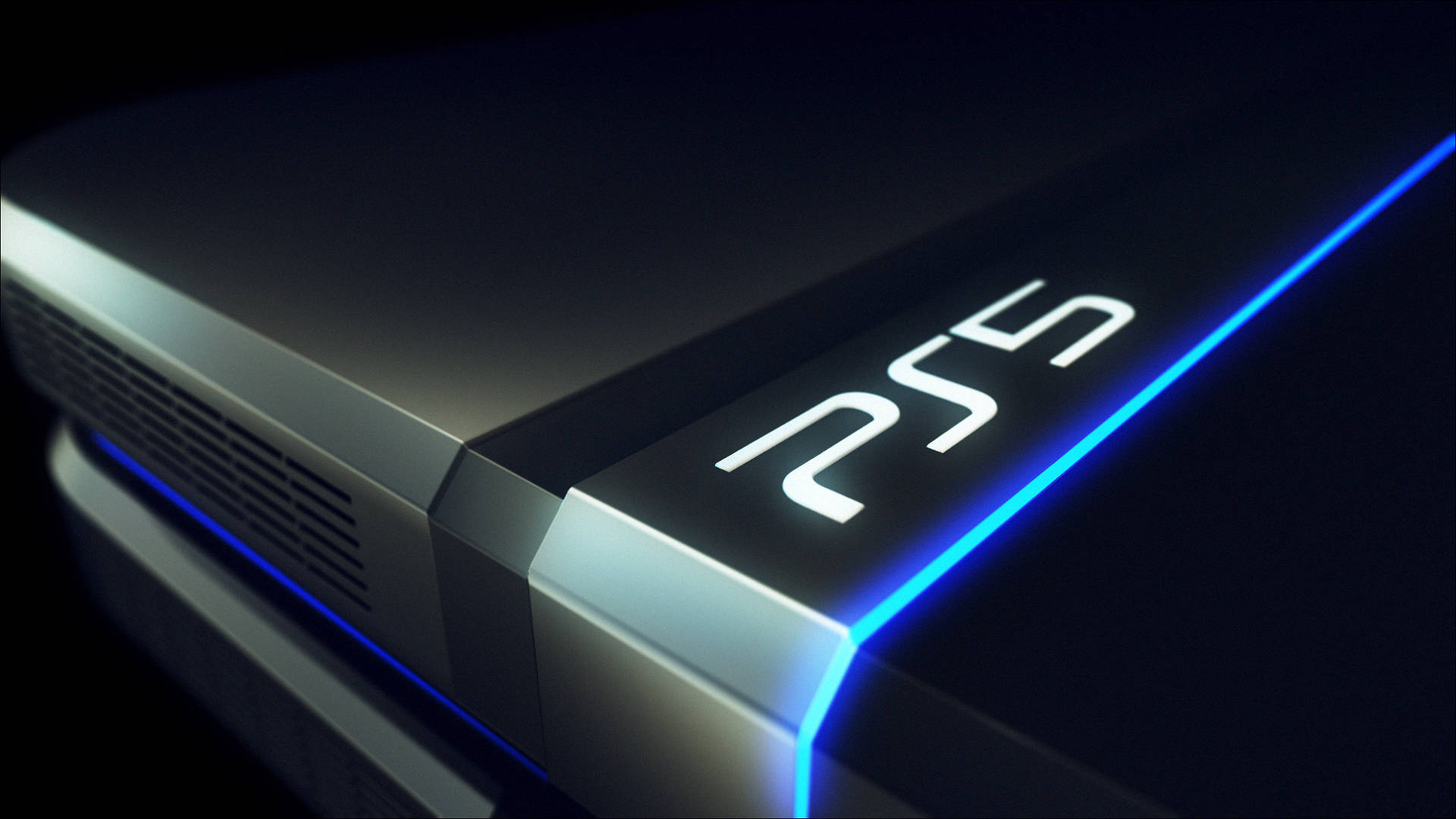 PS5 動態圖片 桌布 壁紙 — 近距離拍攝一部時尚的PlayStation 5主機，在黑暗背景下散發出鮮豔的藍色LED燈光。