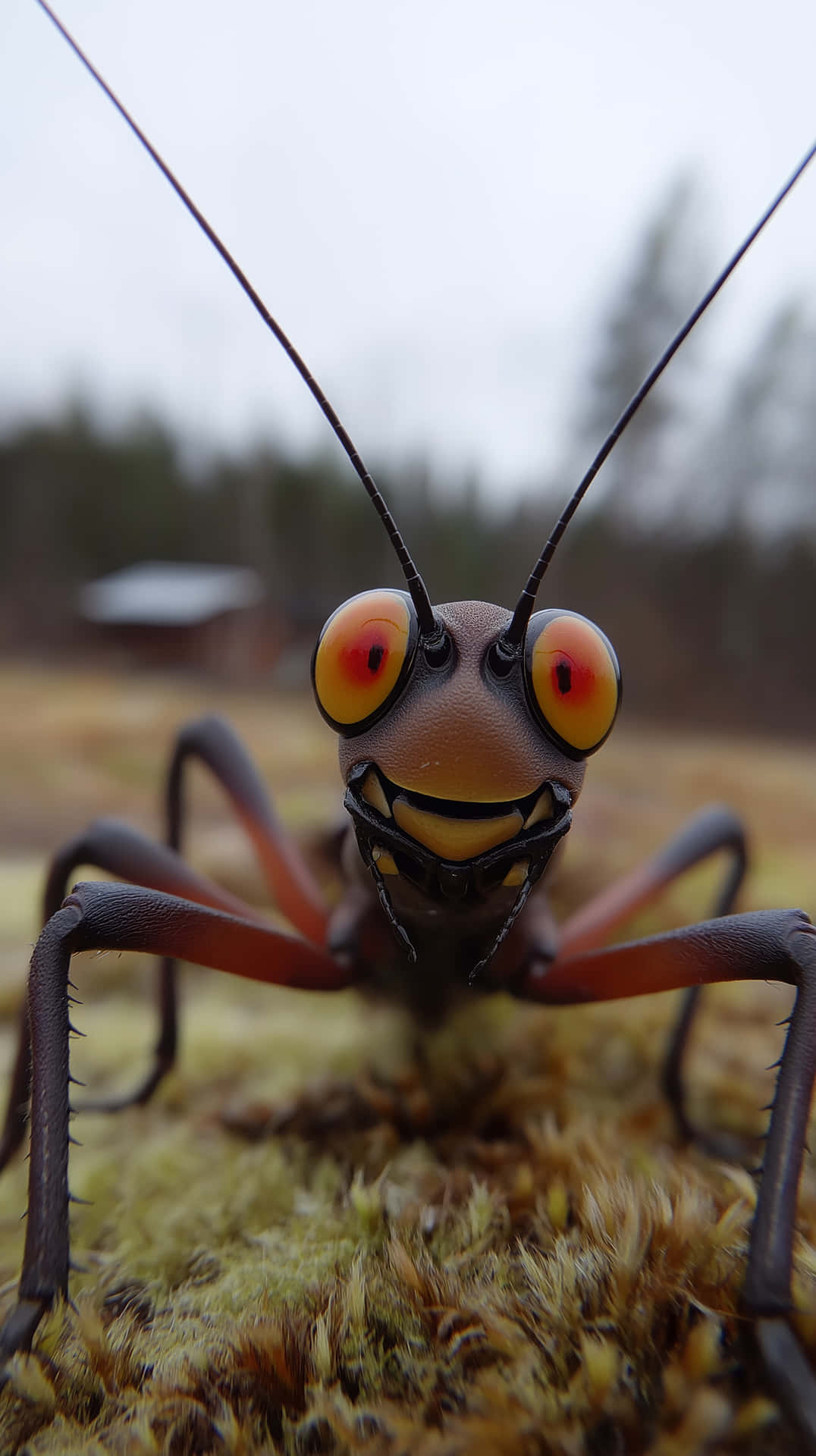 Cartoonish Insect with Huge Eyes - Whimsical Macro Character 壁紙 — 近距離拍攝一隻卡通蚱蜢，有大黃色眼睛和露齒笑容，棲息在苔蘚上。