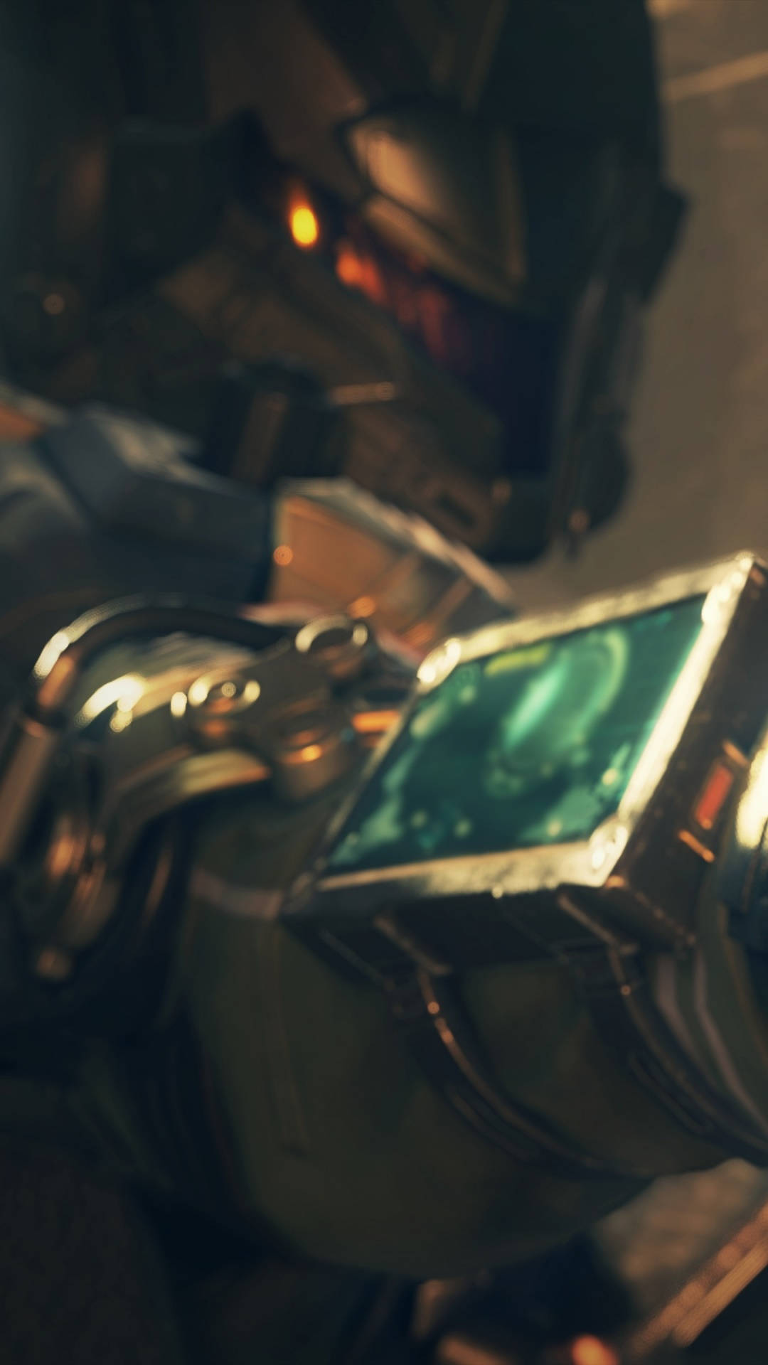 Call Of Duty Black Ops 3 桌布 壁紙 — 近距離拍攝一隻未來風格的裝甲手，在昏暗燈光下拿著發光的綠色全息顯示屏。