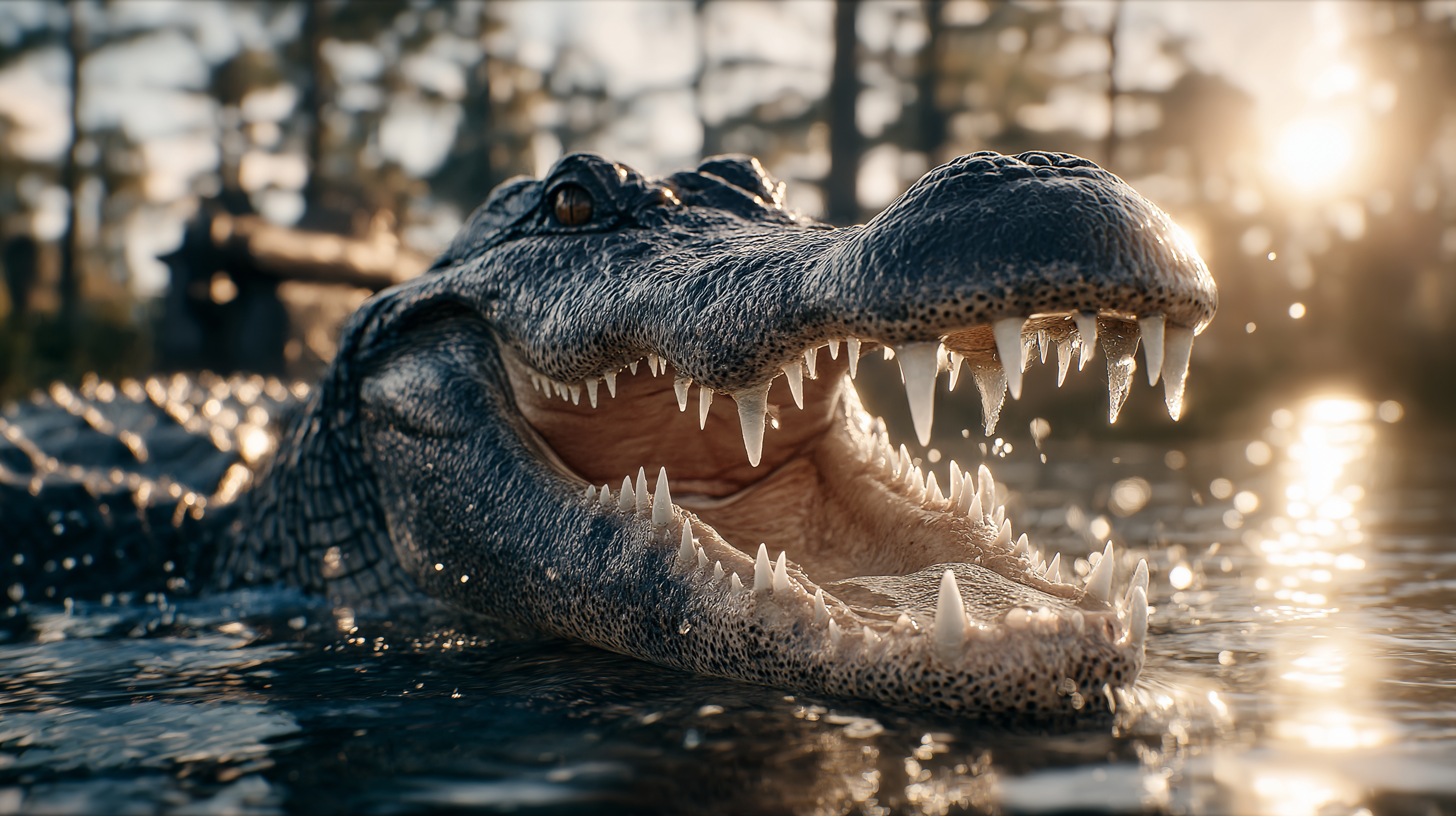 crocodile 桌布 壁紙 — 近距離拍攝一隻短吻鱷張開大嘴，露出鋒利的牙齒，從黑暗的水中冒出，沐浴在金色的陽光下。