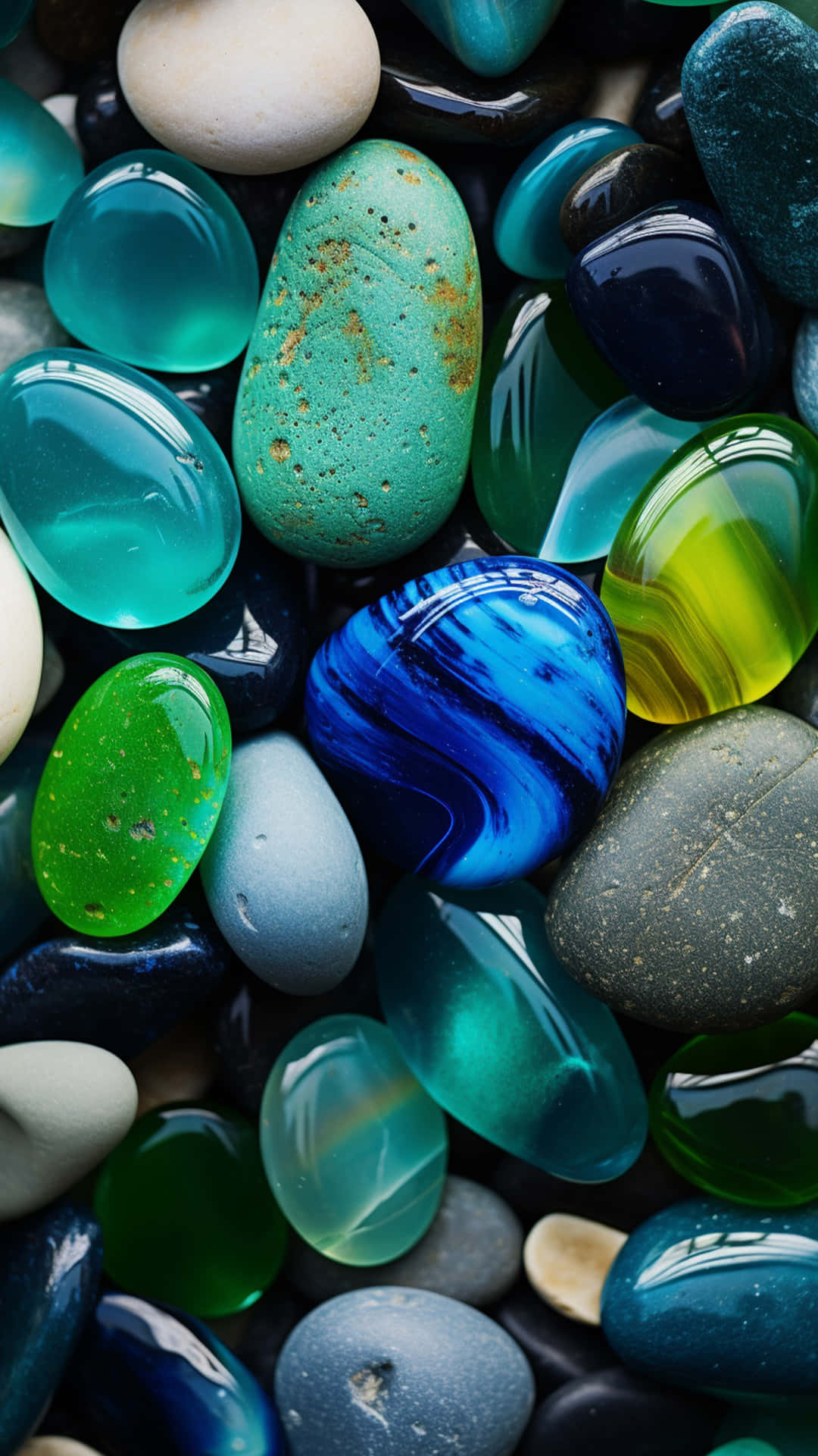 Multi colour stone wallpaper 壁紙 — 近距離拍攝光滑圓潤的石頭，呈現鮮豔的藍色、綠色和藍綠色調，表面光澤反射光線。