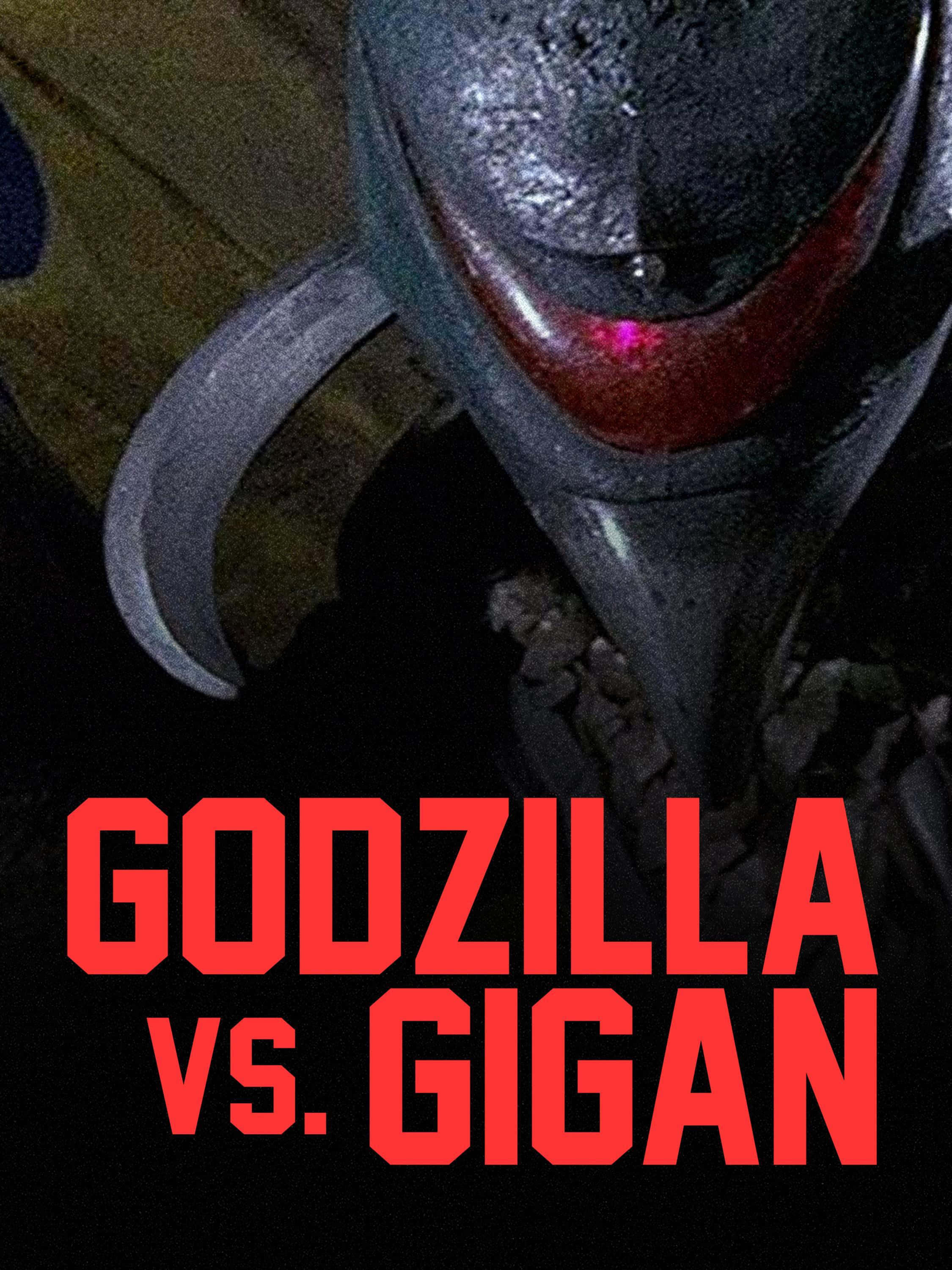 Godzilla Vs Gigan 桌布 壁紙 — 近距離拍攝基剛的金屬頭盔，帶有發光的紅色眼睛和彎曲的角，背景為深色，並有粗體紅色文字。